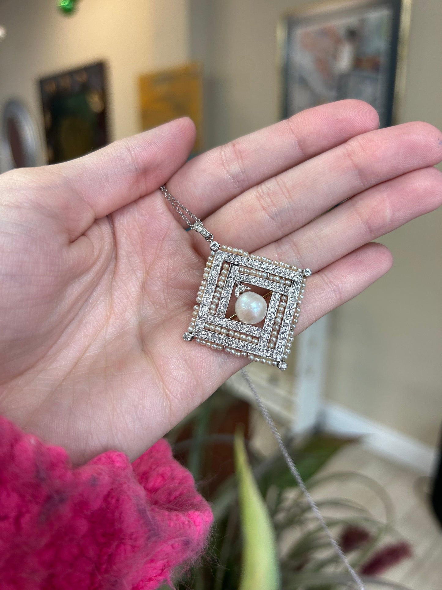 Vintage Cultured Seed Pearls and Diamonds Brooch Pendant