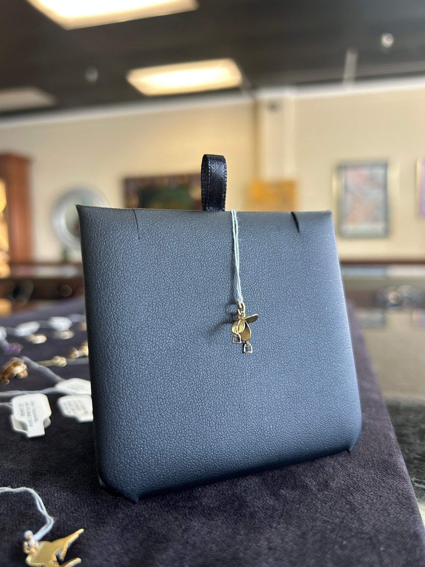 English Horse Saddle Charm Yellow Gold with Dangling Stirrups