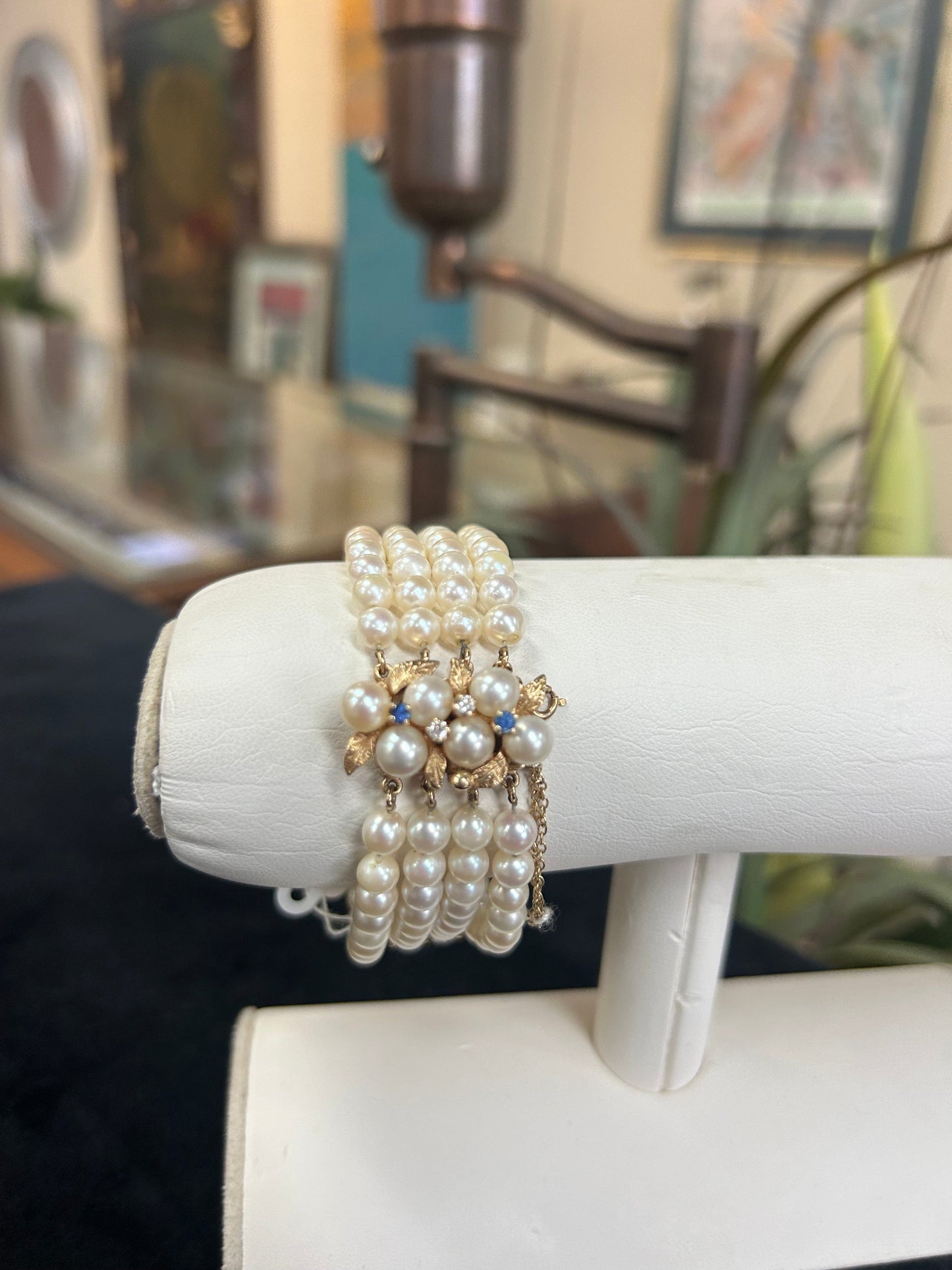 Four Strand Pearl Bracelet with Sapphires and Diamonds