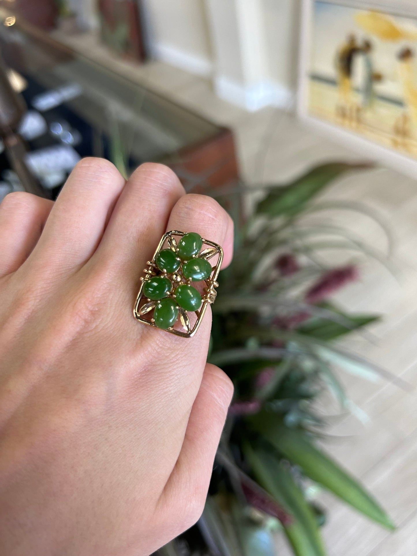 Six Jade Stone Unique Yellow Gold Ring