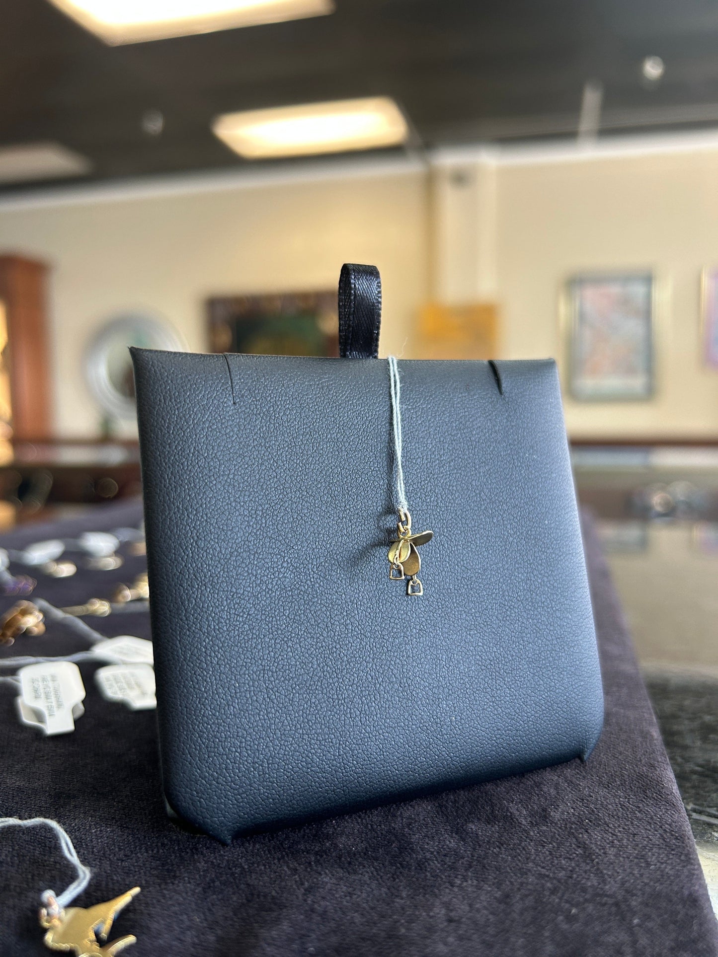 English Horse Saddle Charm Yellow Gold with Dangling Stirrups