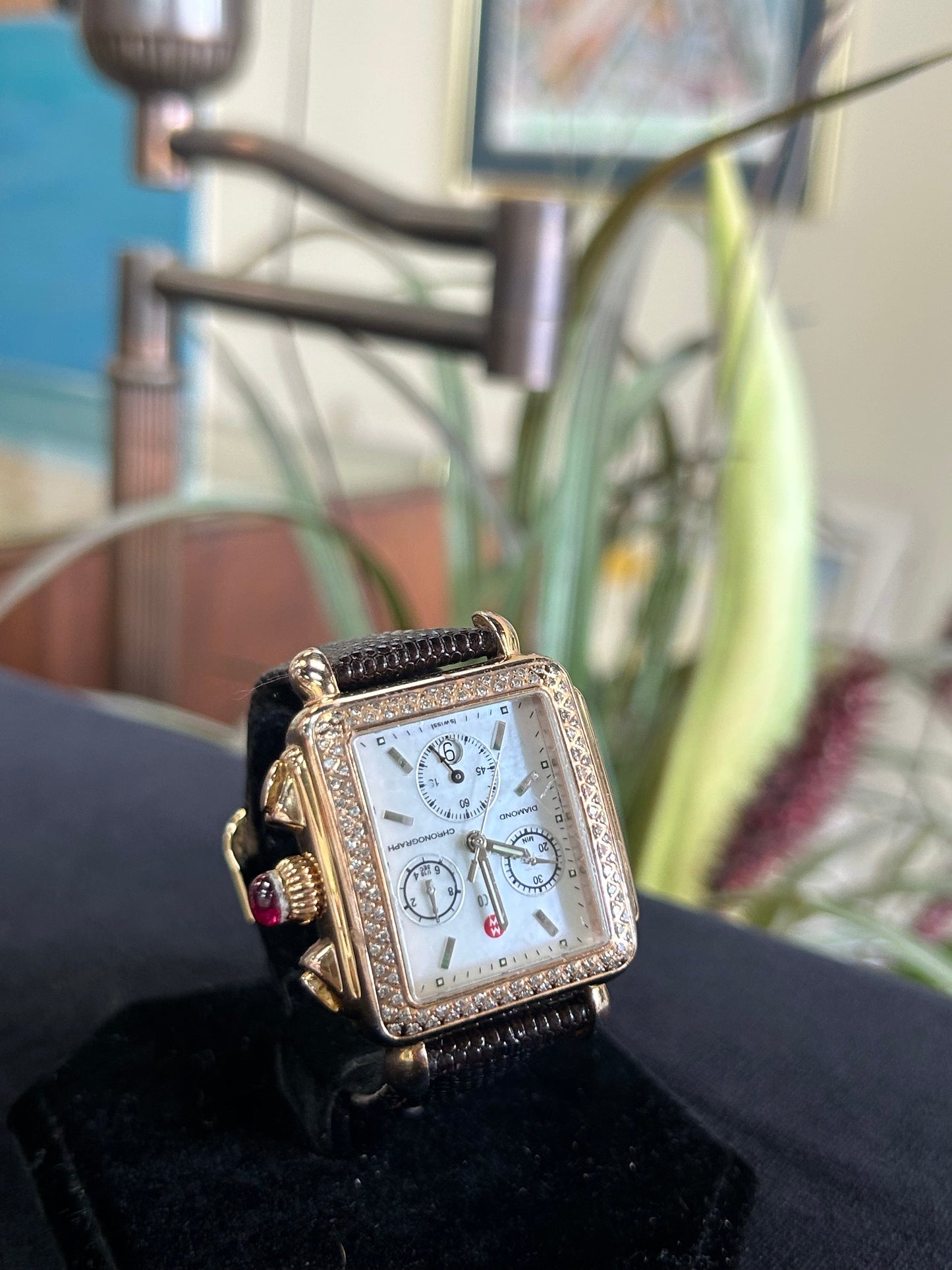 Michelle Art Deco Ladies Watch Rose Gold Brown Leather Band