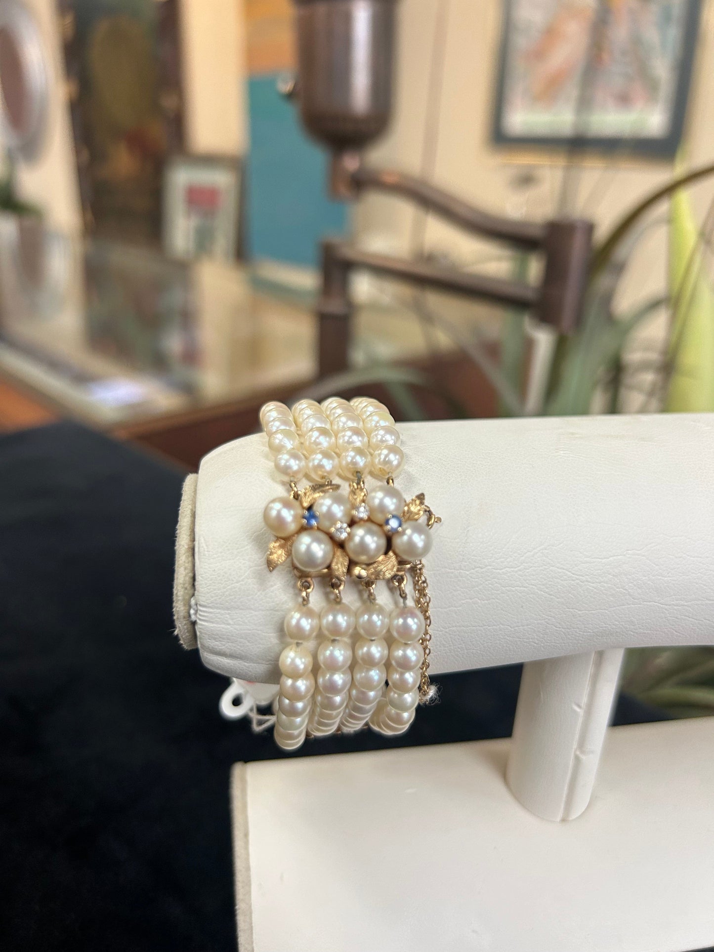 Four Strand Pearl Bracelet with Sapphires and Diamonds