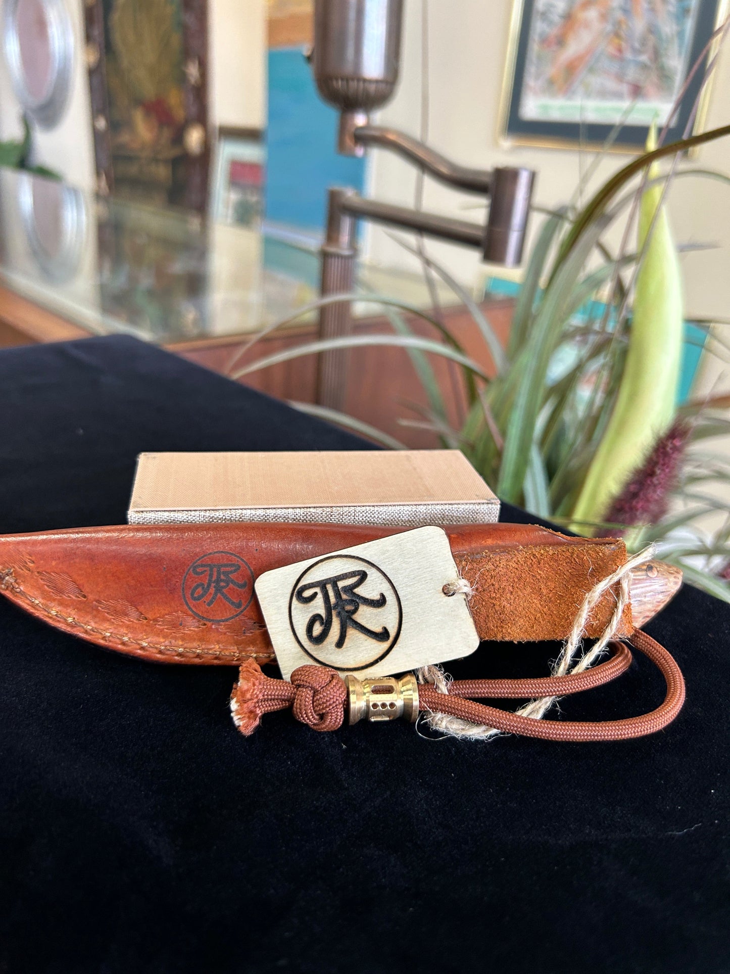 Products Custom Snakewood Knife with Red Palm Feather Pattern Damascus Blade and Leather Sheath