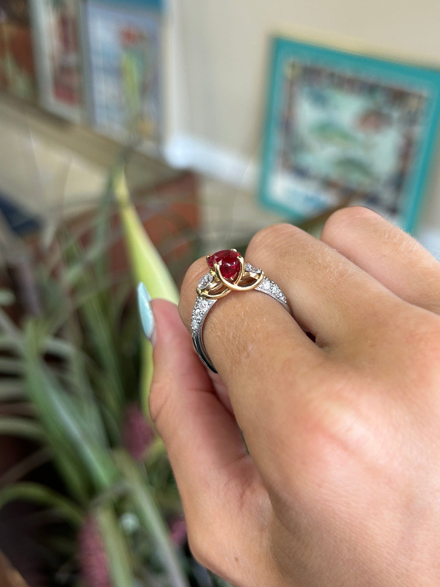 Krementz Gemstones Red Spinel & Diamond Platinum 18K Yellow Gold Ring