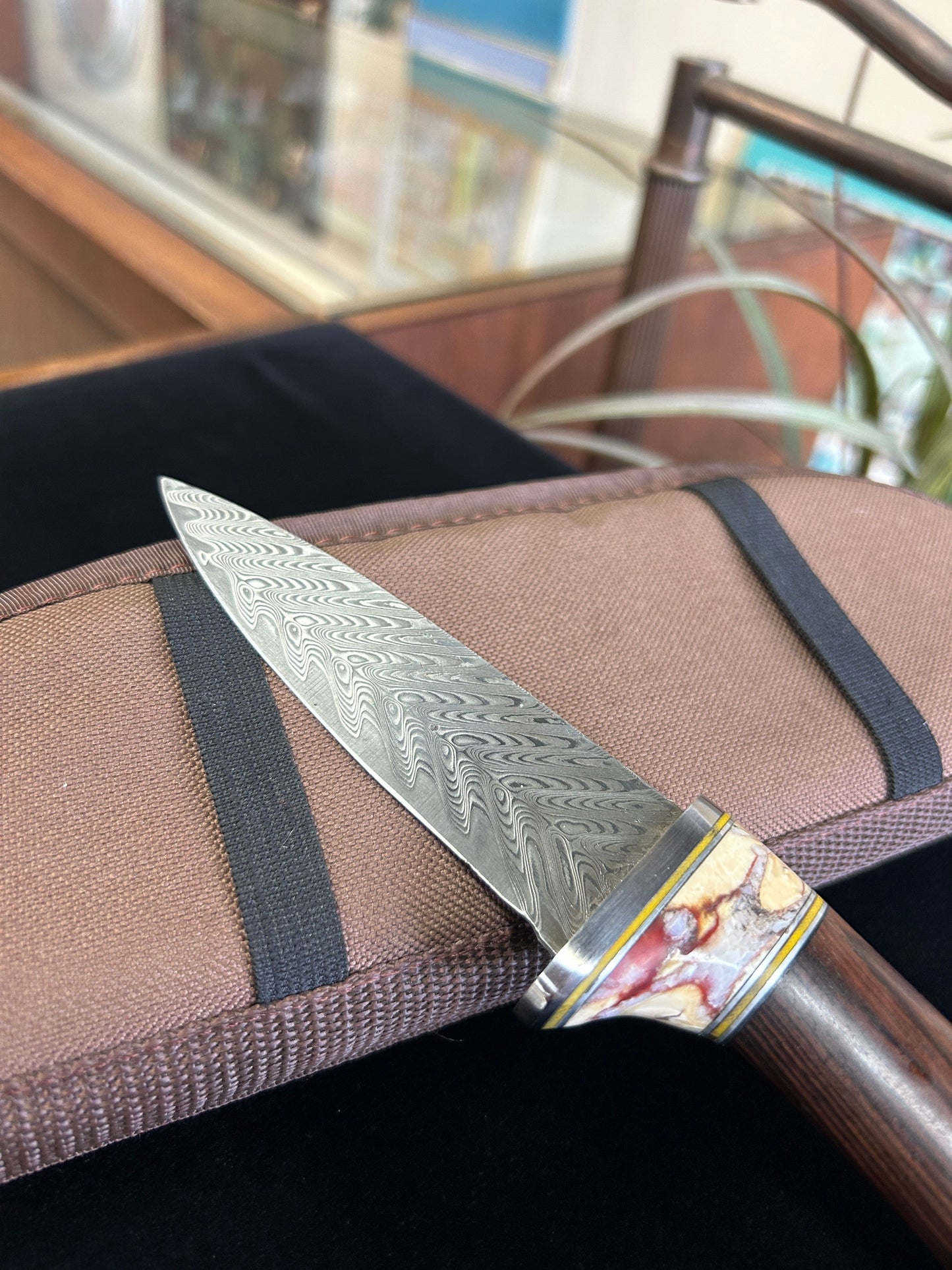 Custom Mammoth Tooth Knife with Iron Wood Handle and Damascus Steel Blade with Leather Sheath