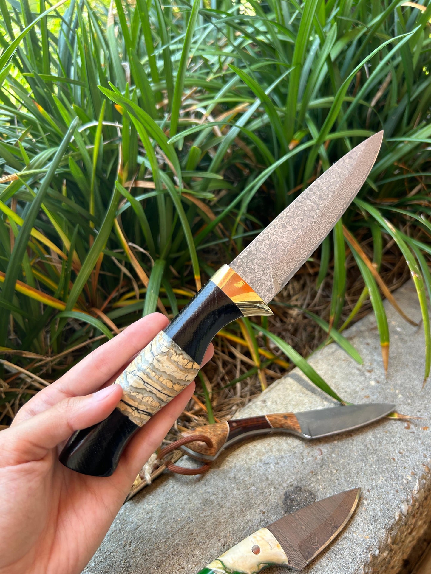 Custom Bog Black Oak and Mammoth Tooth Knife with Raindrop Damascus Blade and Leather Sheath