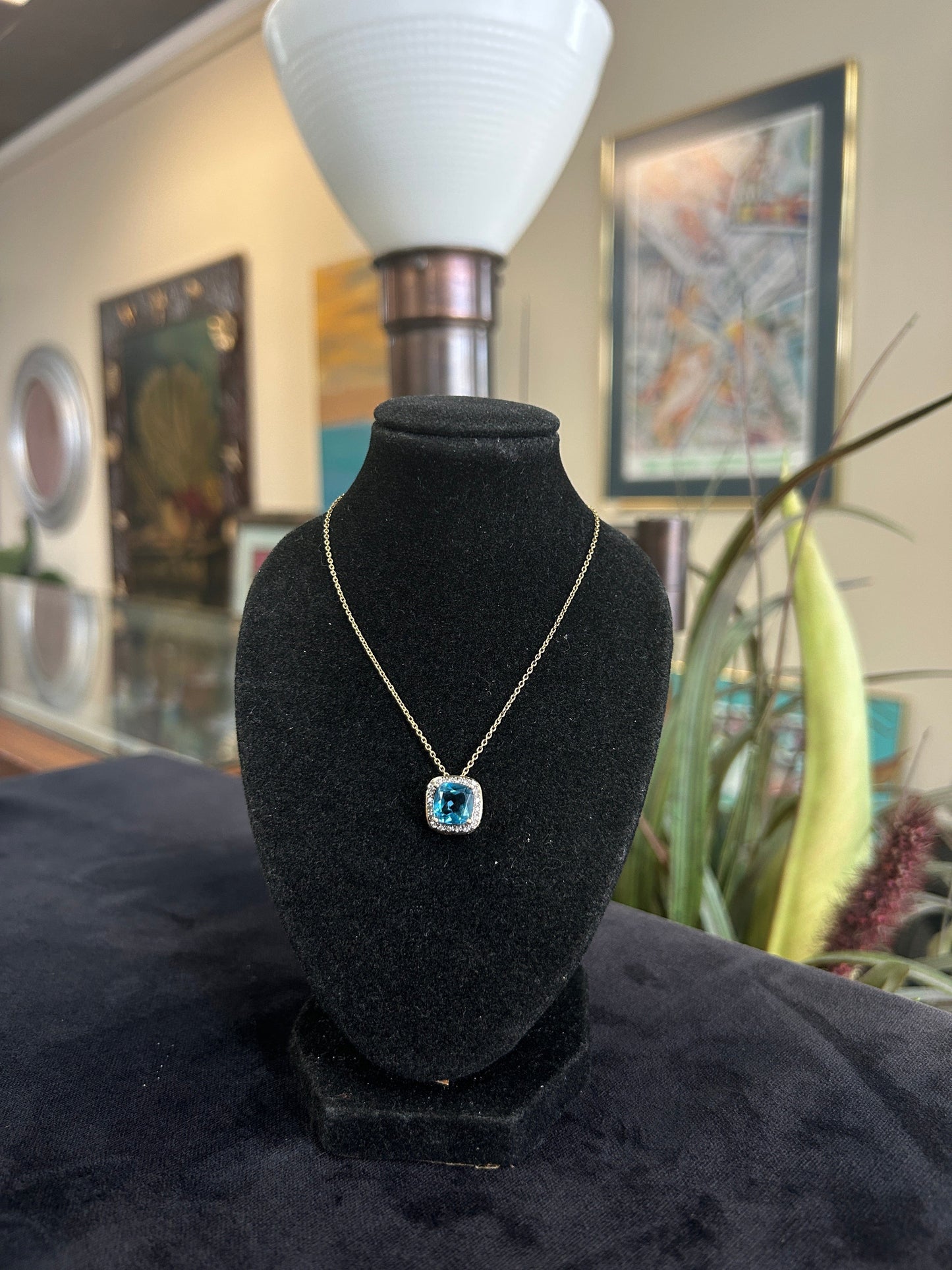 Yellow Gold Blue Topaz Gemstone Pendant and Chain Necklace