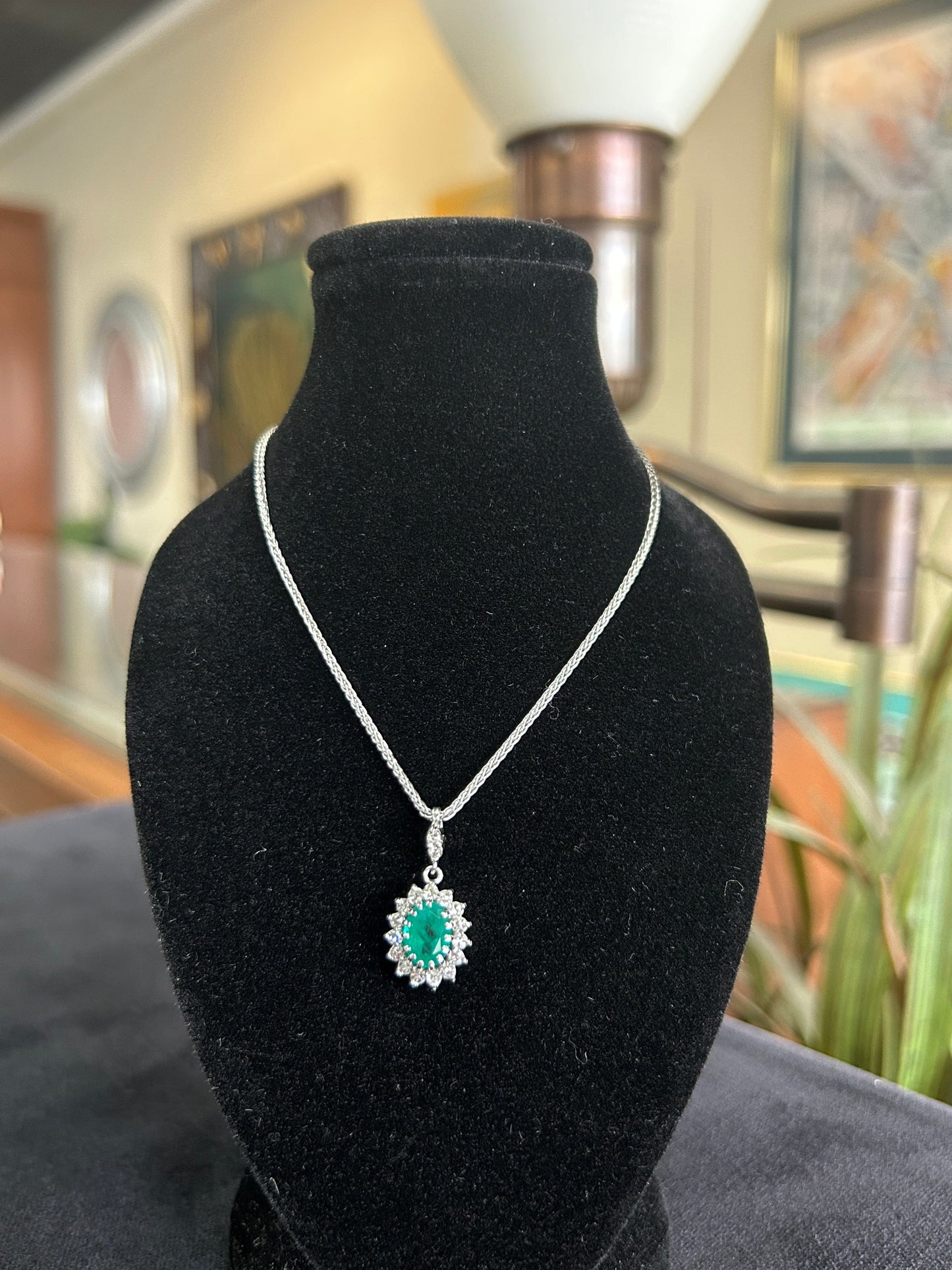 Emerald Pendant with Diamond Halo in White Gold