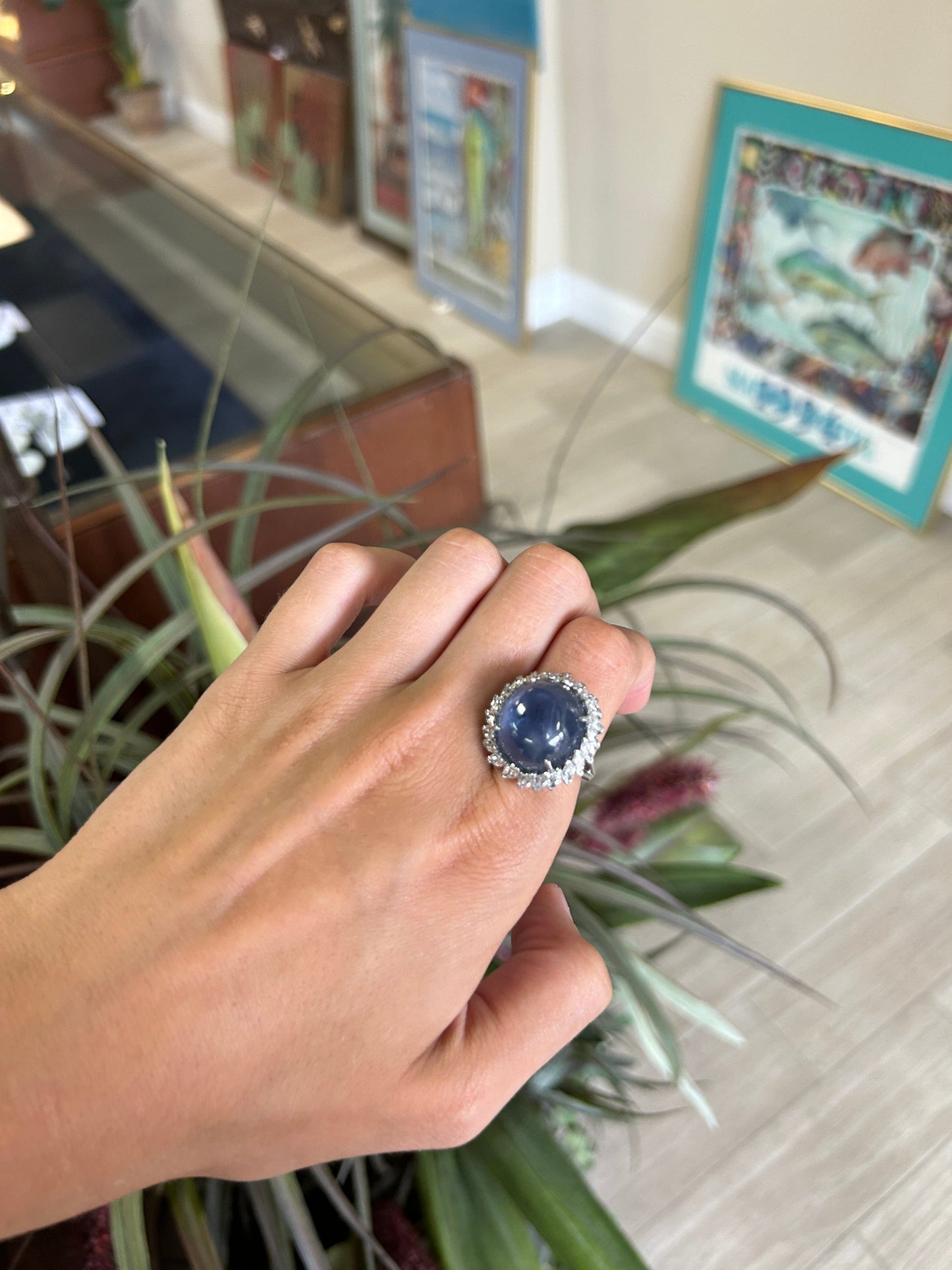 33 Carat Large Star Sapphire with 3 Carat Diamond Halo in Platinum