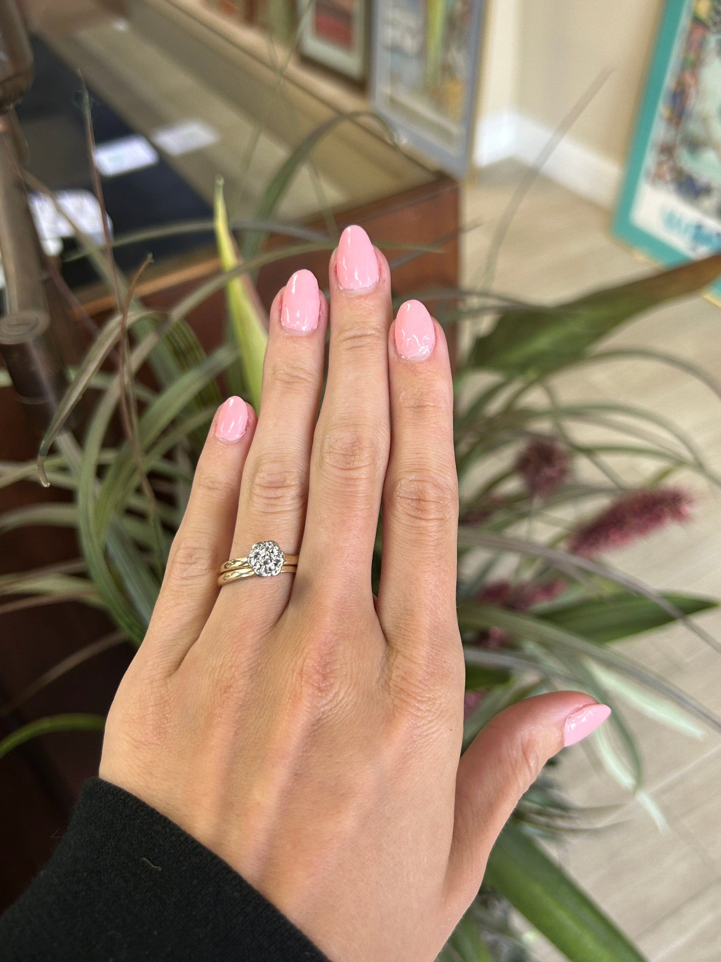 Flower Diamond Cluster Ring with Matching Band Yellow Gold