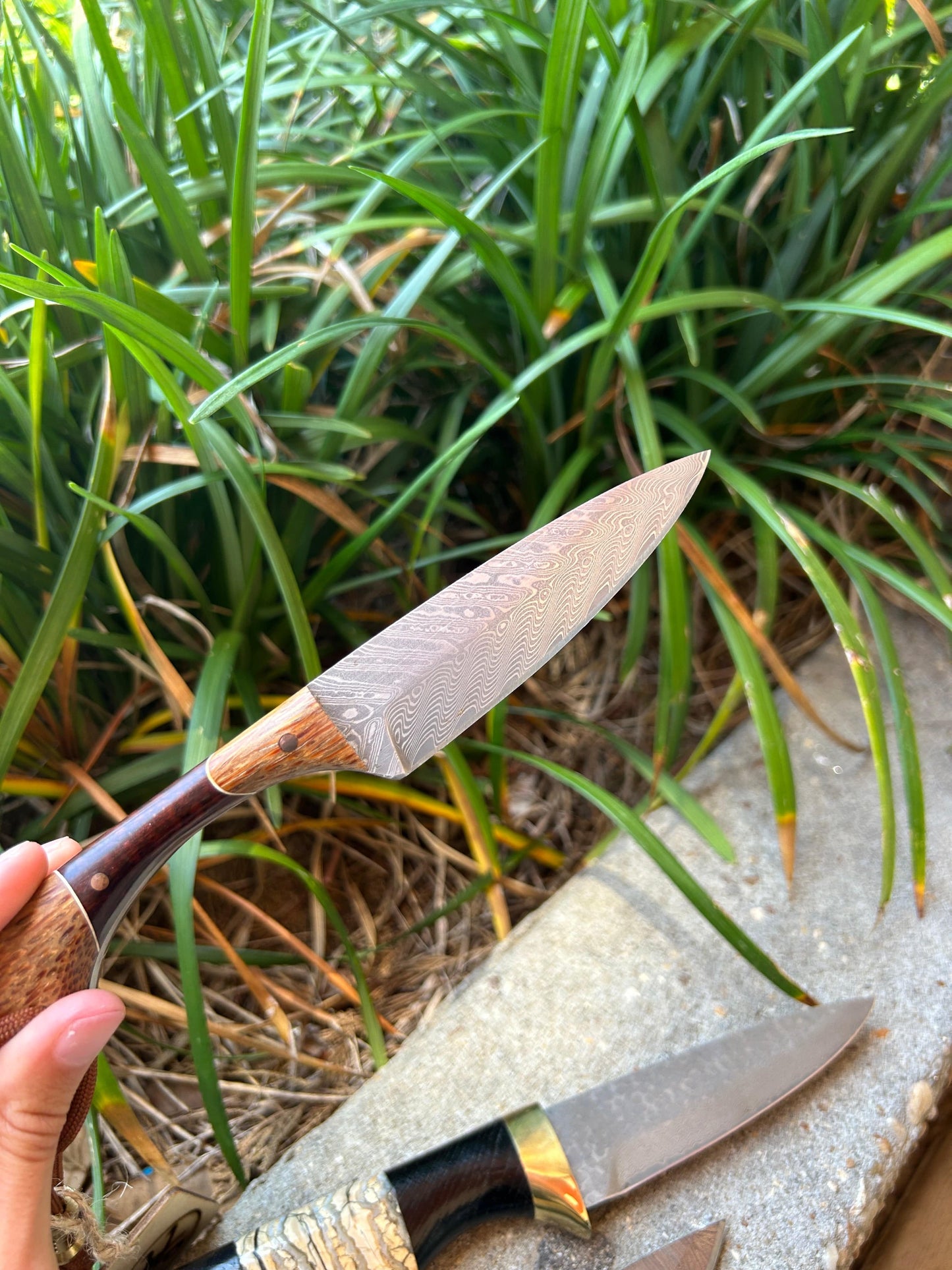 Custom Snakewood Knife with Red Palm Feather Pattern Damascus Blade and Leather Sheath