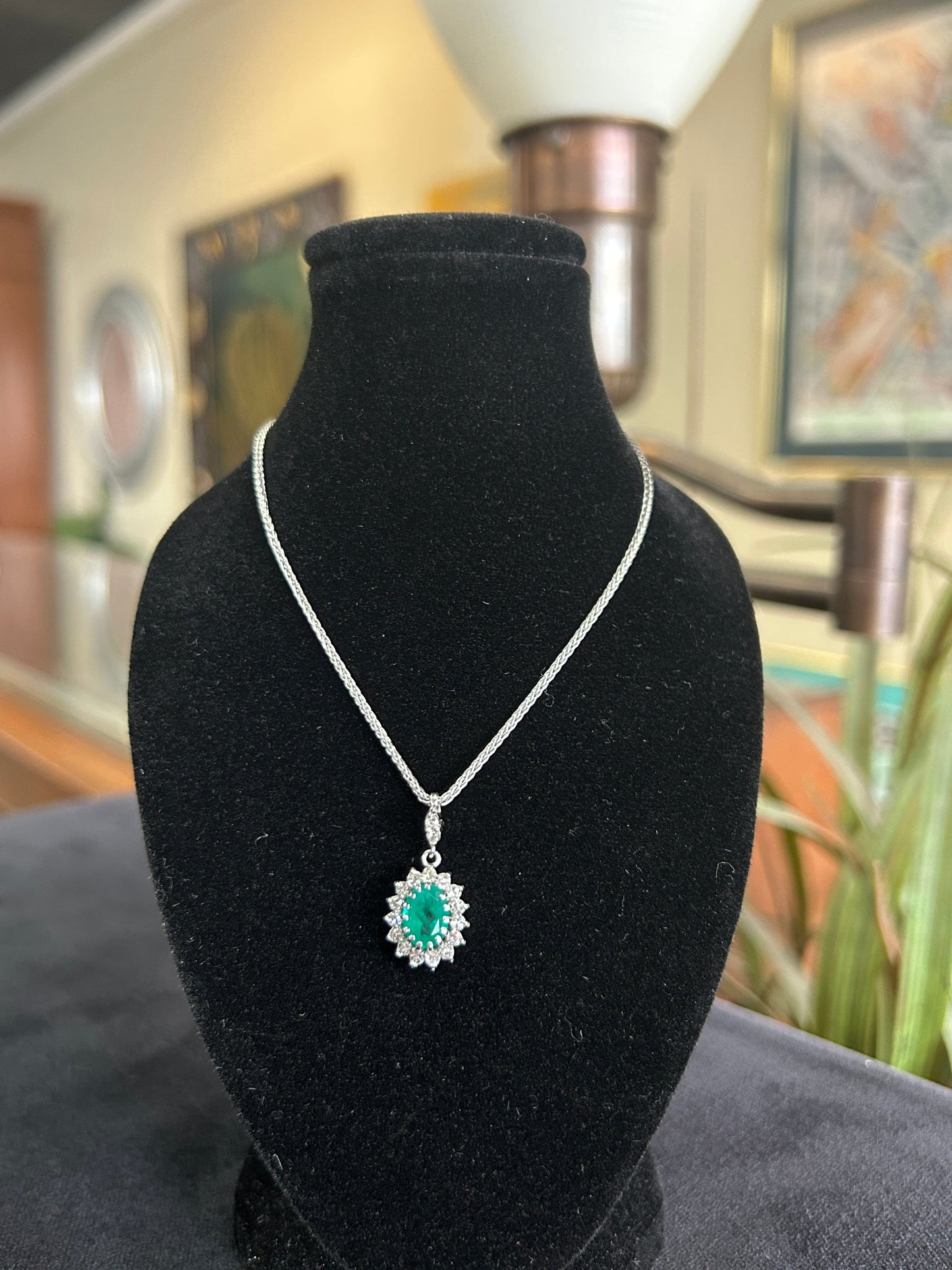 Emerald Pendant with Diamond Halo in White Gold