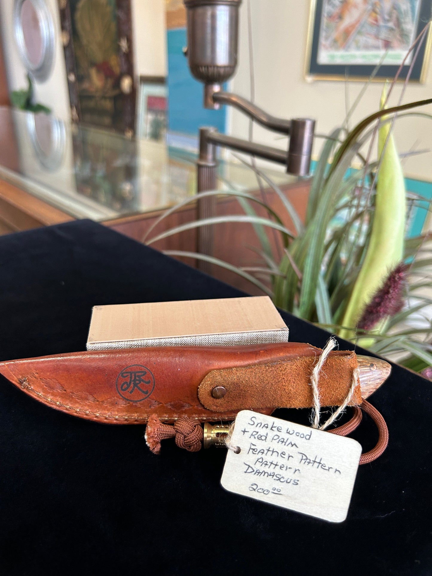 Custom Snakewood Knife with Red Palm Feather Pattern Damascus Blade and Leather Sheath