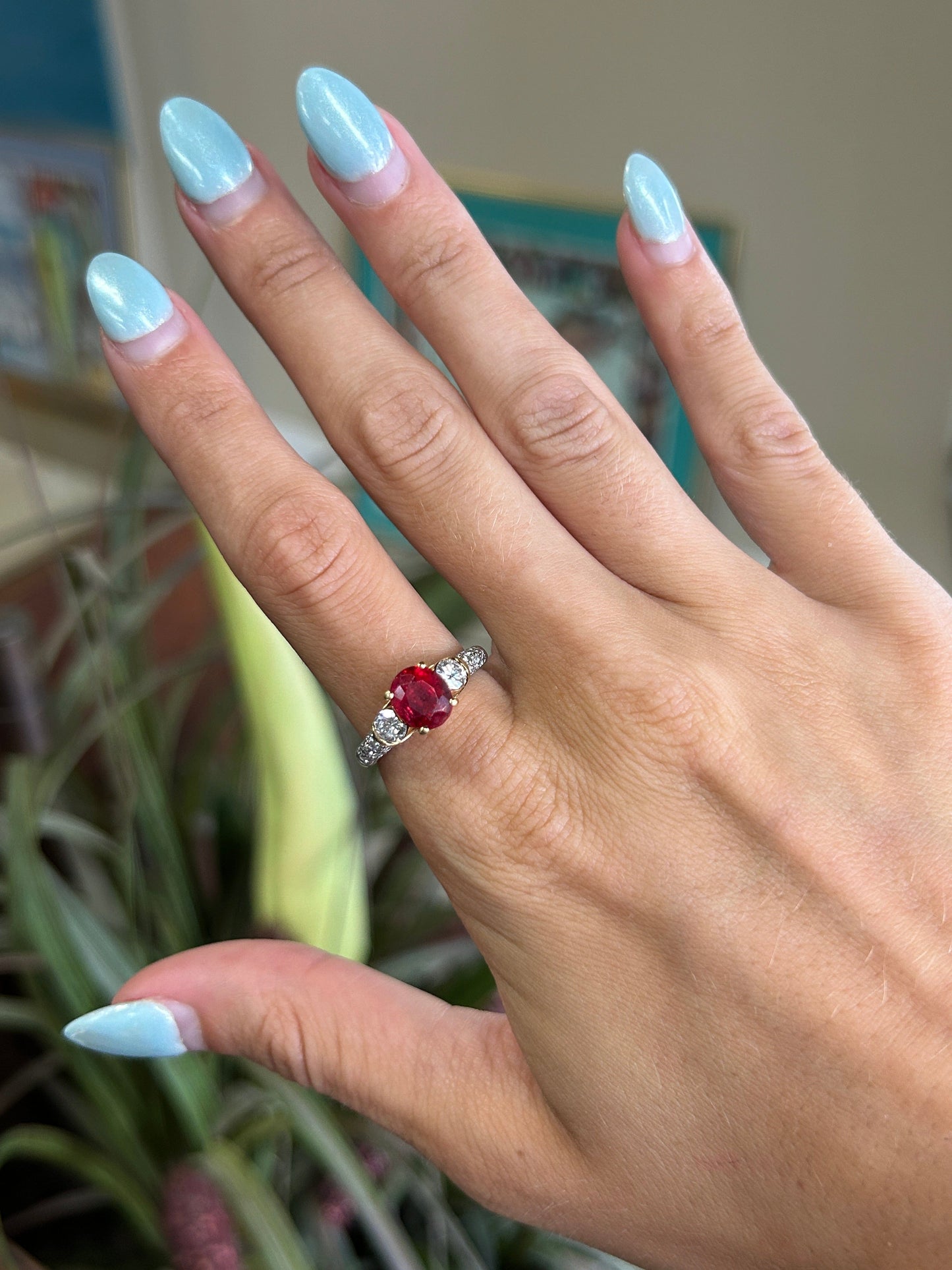 Krementz Gemstones Red Spinel & Diamond Platinum 18K Yellow Gold Ring