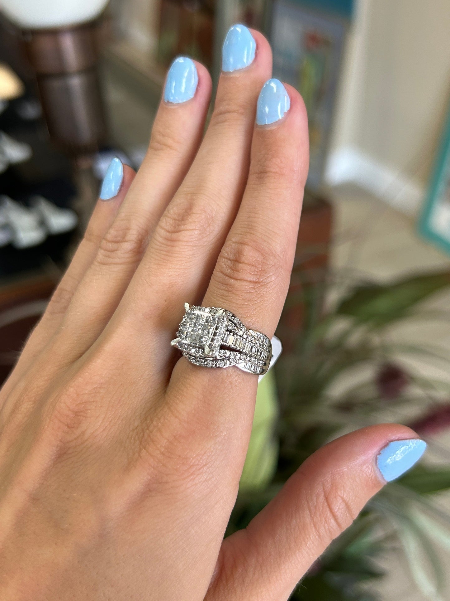 Cluster Invisible Set Diamond White Gold Ornate Engagement Ring