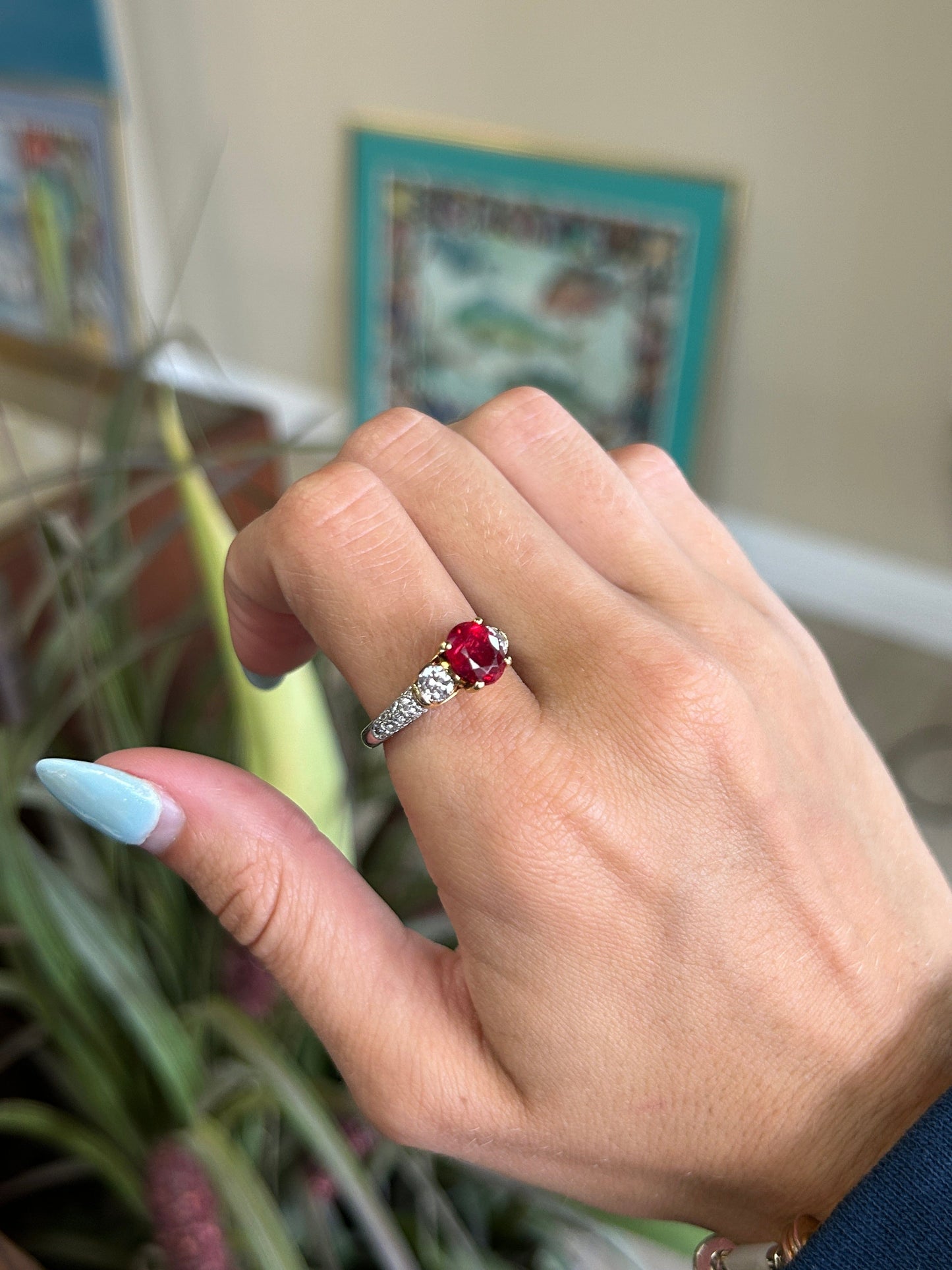 Krementz Gemstones Red Spinel & Diamond Platinum 18K Yellow Gold Ring