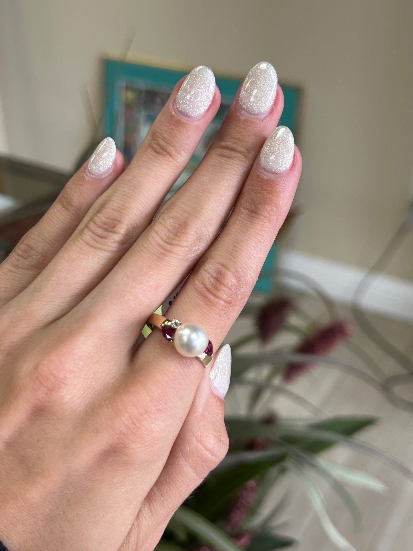 Ruby and Pearl Yellow Gold Ring with Diamond Chips