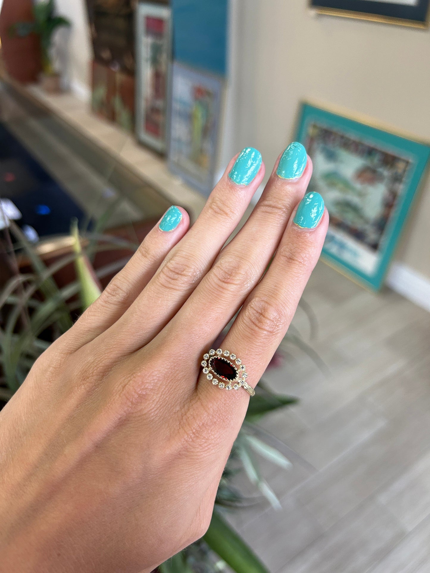 Unique Garnet Gemstone Ring with Diamond Halo in Yellow Gold