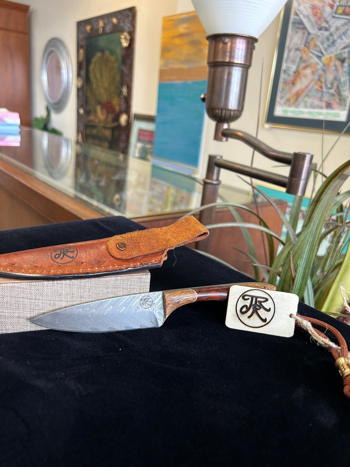Custom Snakewood Knife with Red Palm Feather Pattern Damascus Blade and Leather Sheath