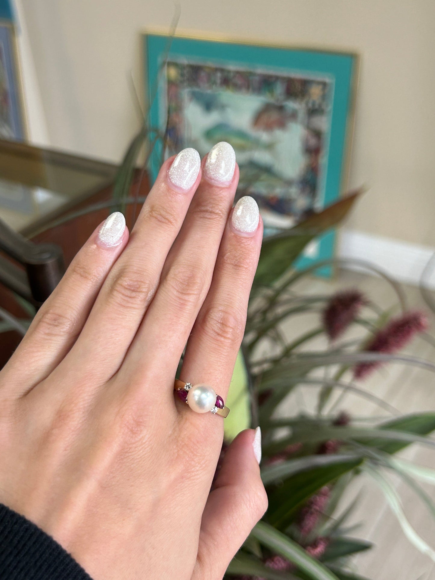 Ruby and Pearl Yellow Gold Ring with Diamond Chips