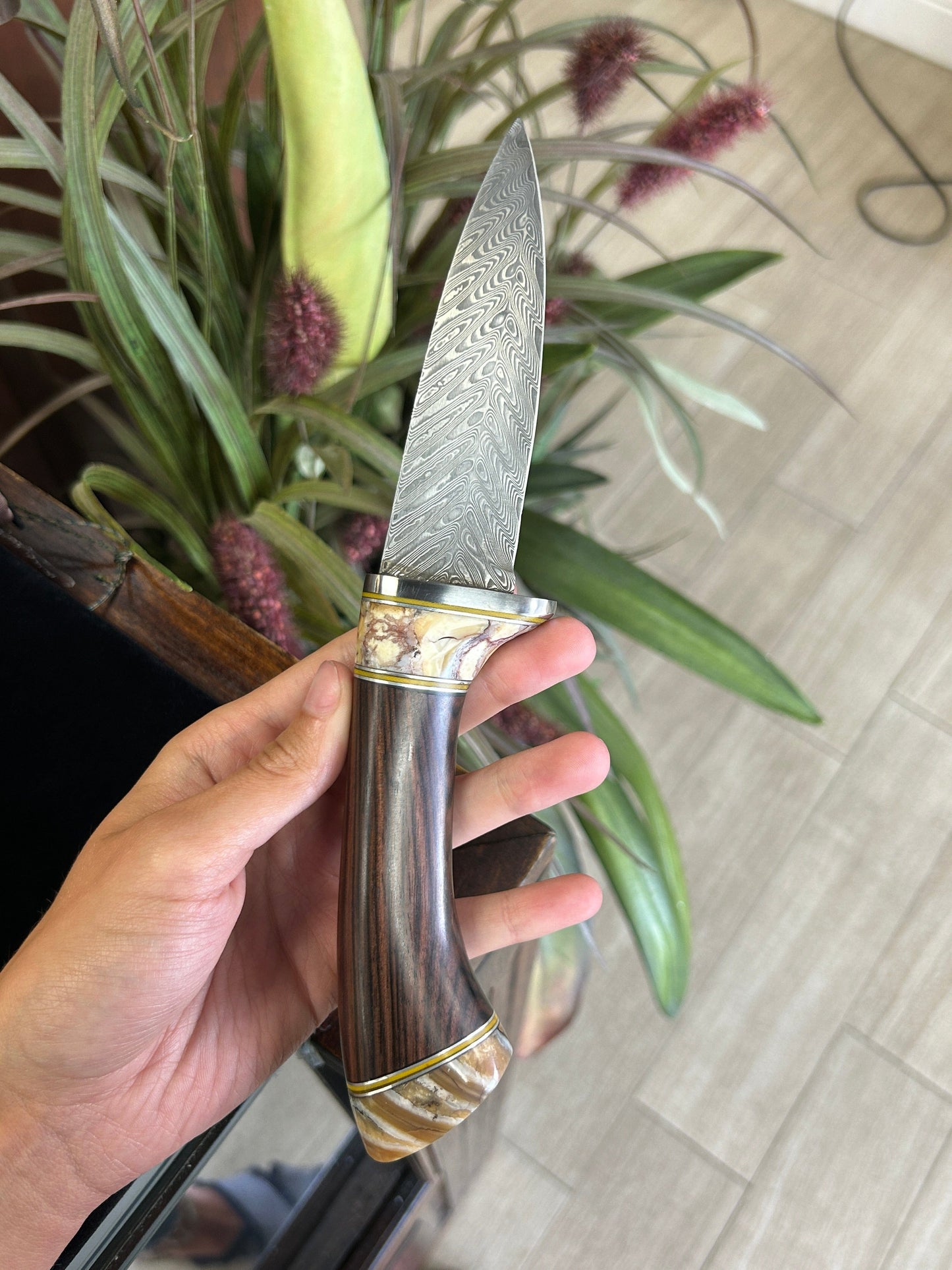 Custom Mammoth Tooth Knife with Iron Wood Handle and Damascus Steel Blade with Leather Sheath