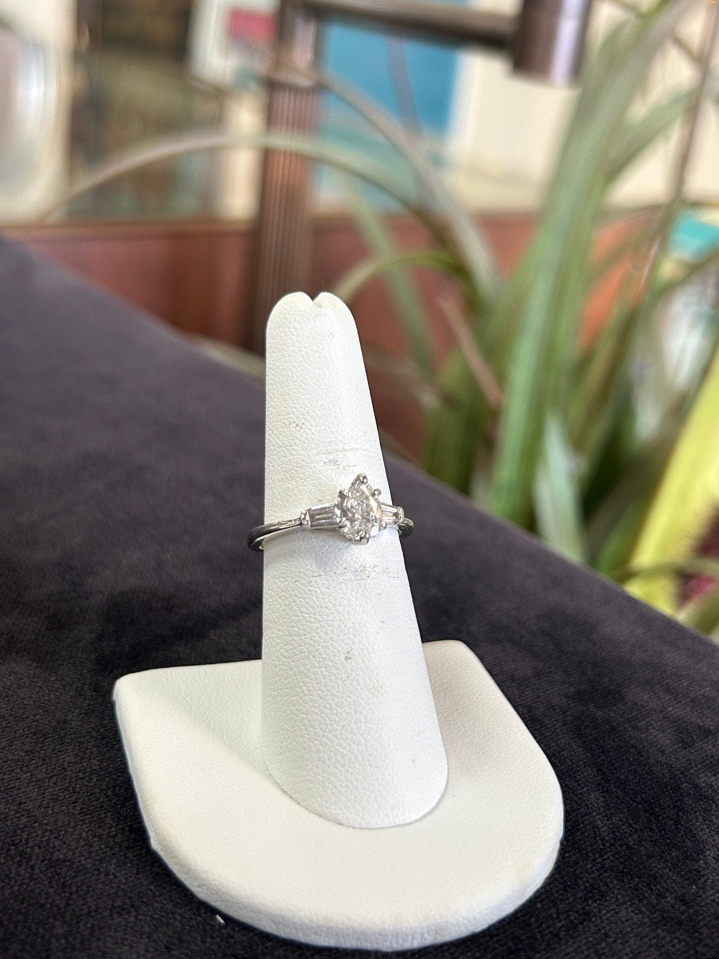 Pear Cut Diamond Center Stone with Baguette Side Stones White Gold