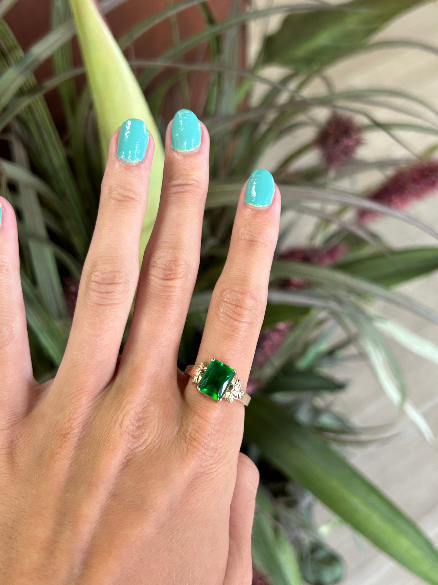 Large Green Gemstone Rose Gold and Yellow Gold Ring