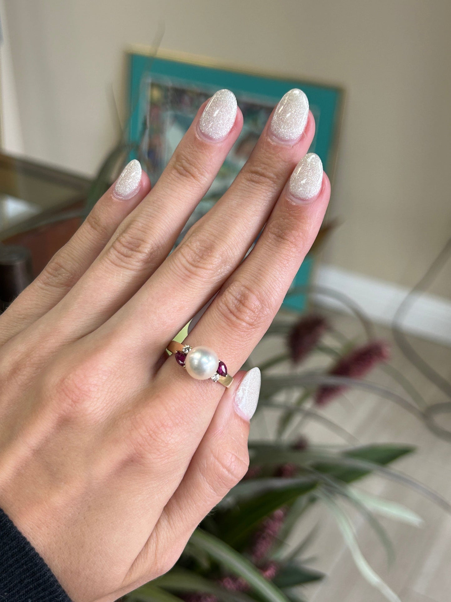 Ruby and Pearl Yellow Gold Ring with Diamond Chips