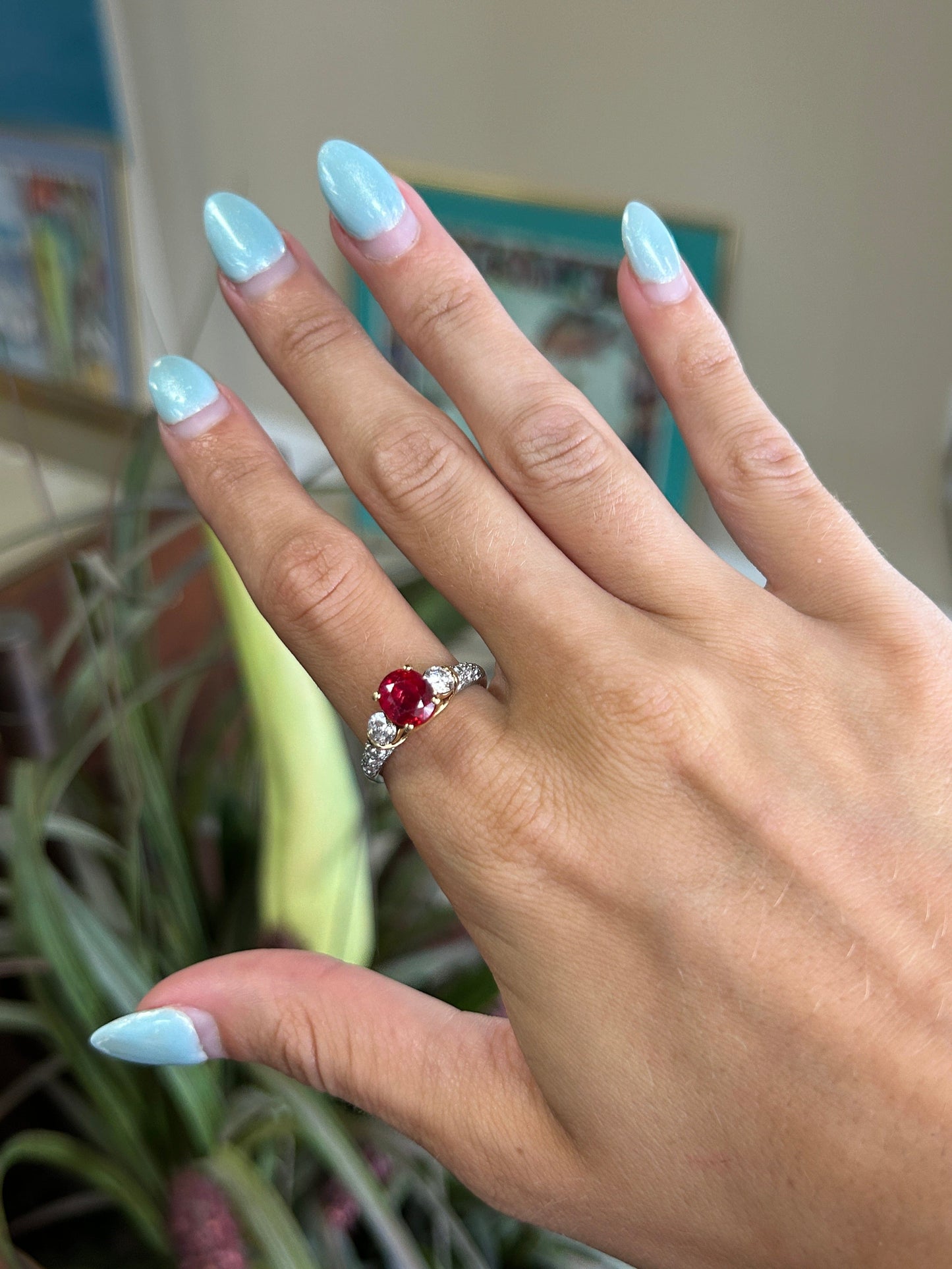 Krementz Gemstones Red Spinel & Diamond Platinum 18K Yellow Gold Ring