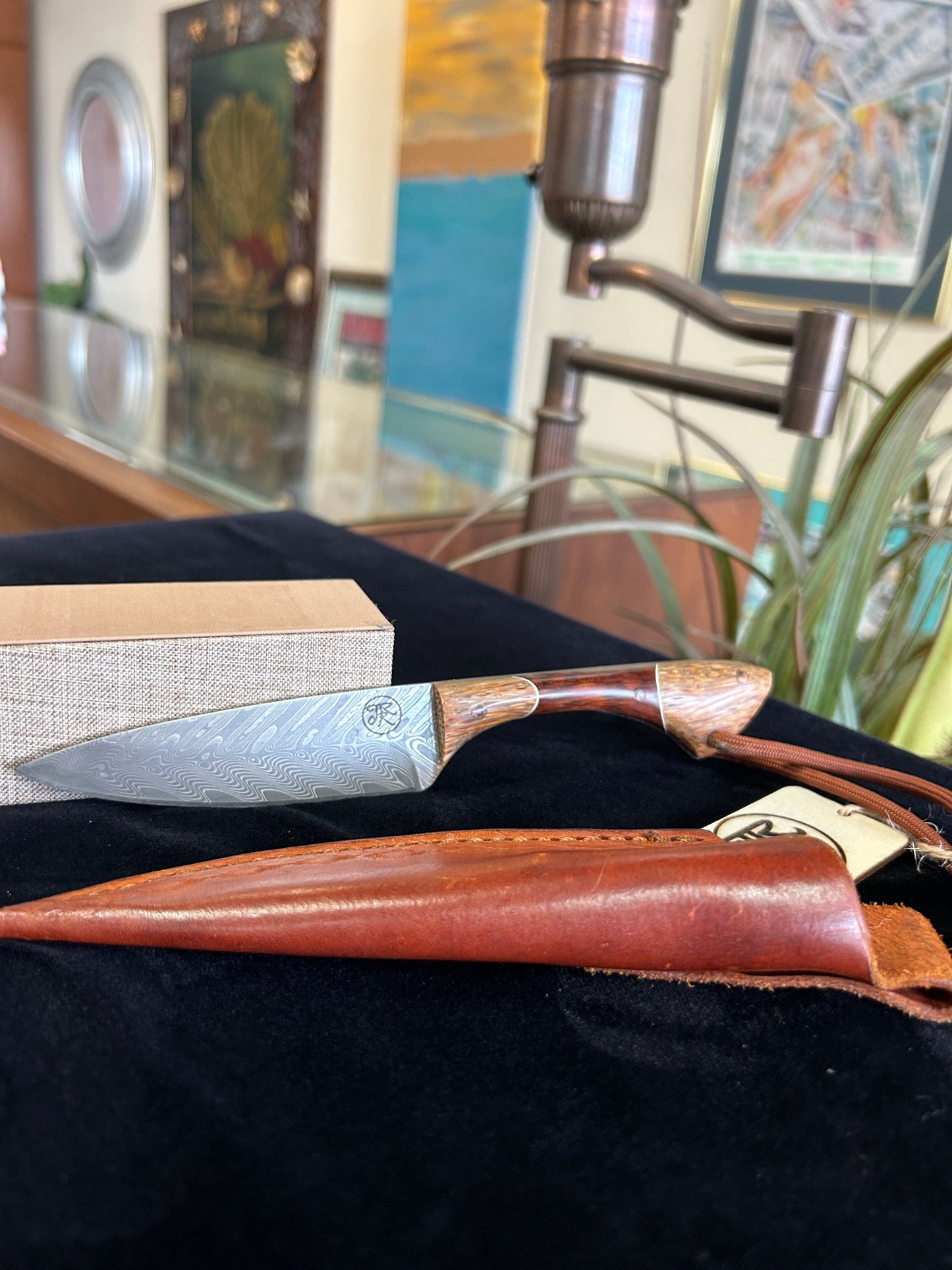 Custom Snakewood Knife with Red Palm Feather Pattern Damascus Blade and Leather Sheath