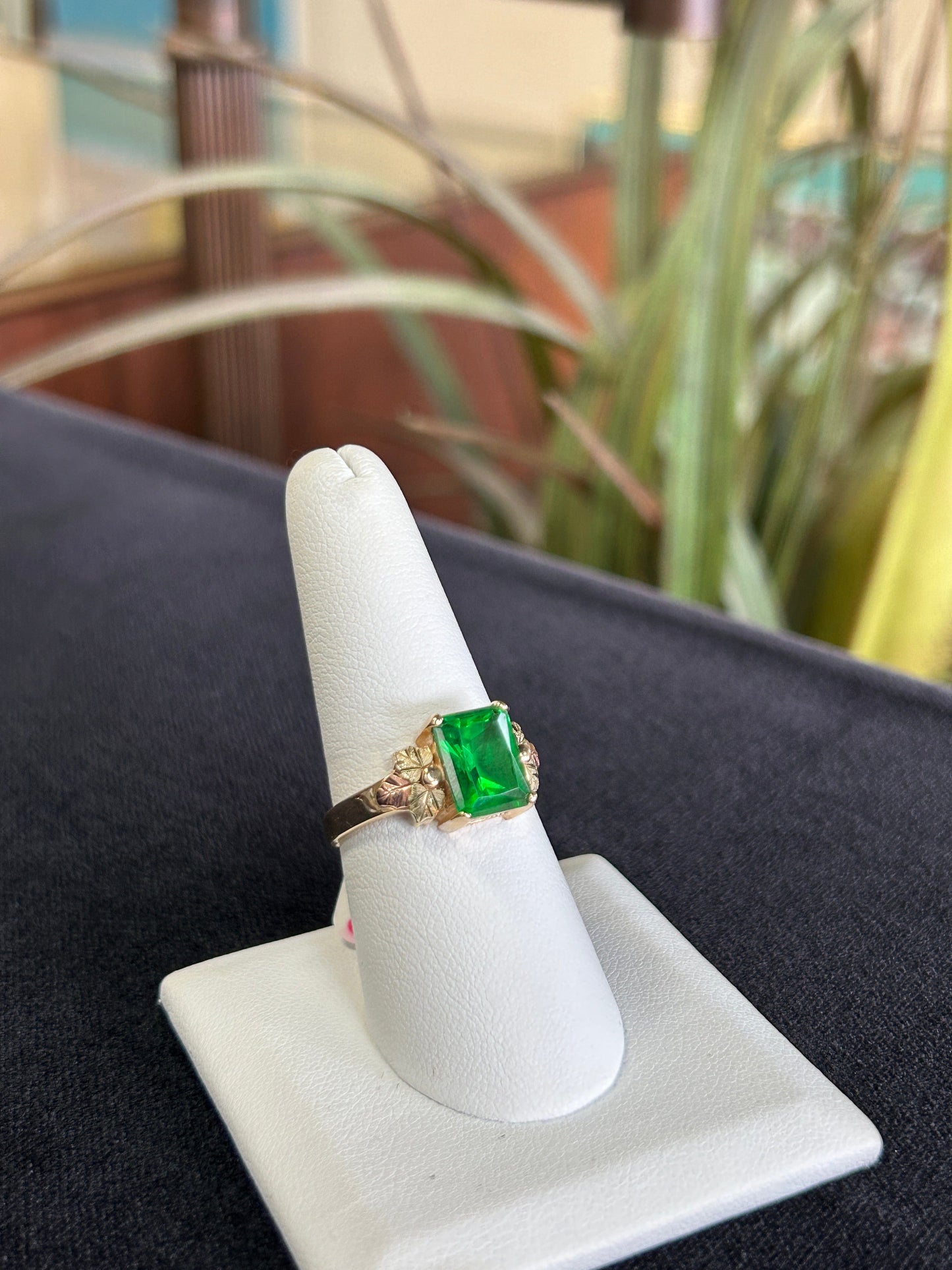 Large Green Gemstone Rose Gold and Yellow Gold Ring