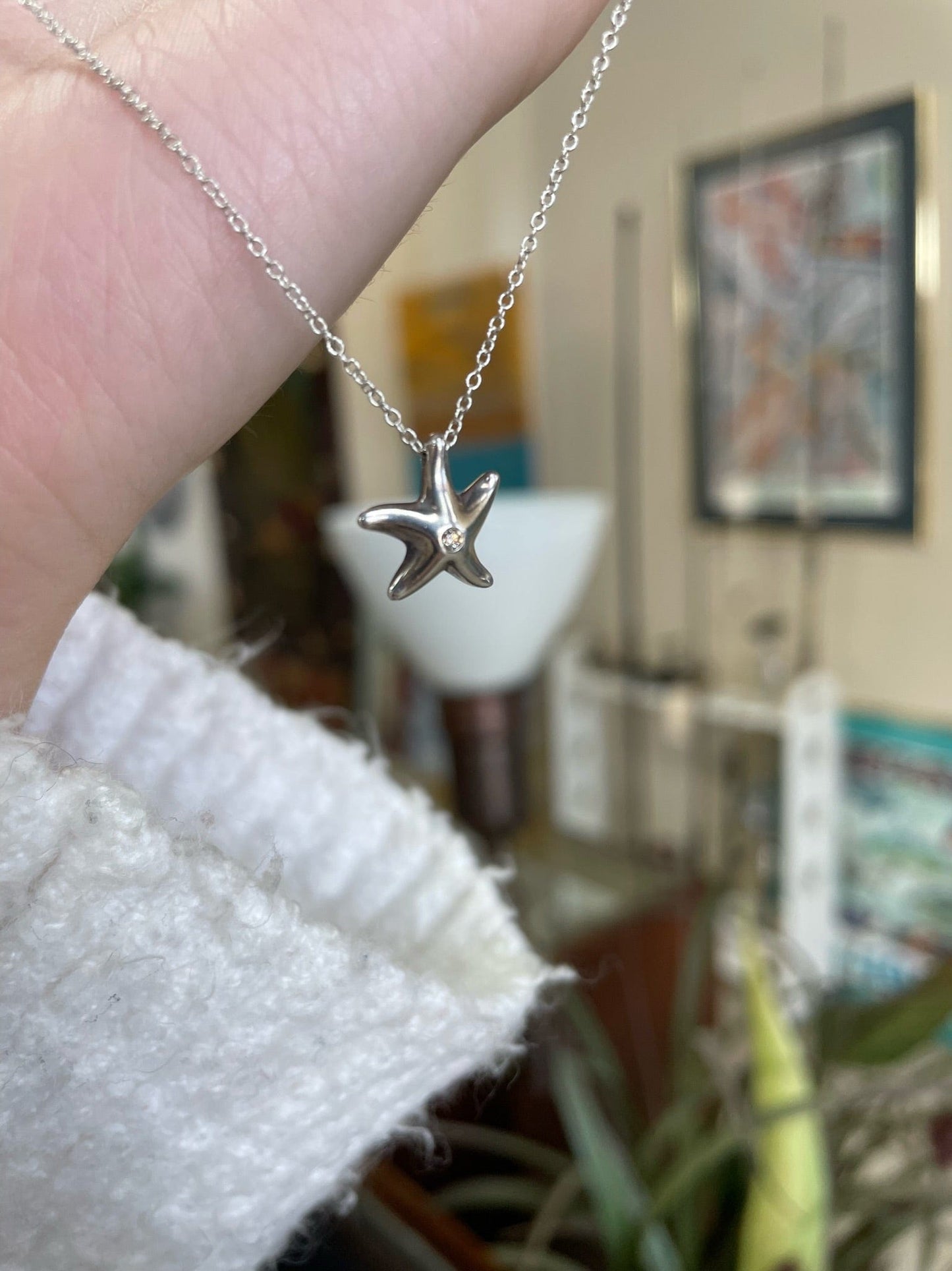 Tiffany and Co. Sterling Silver Elsa Peretti Starfish Necklace with Diamond CHip