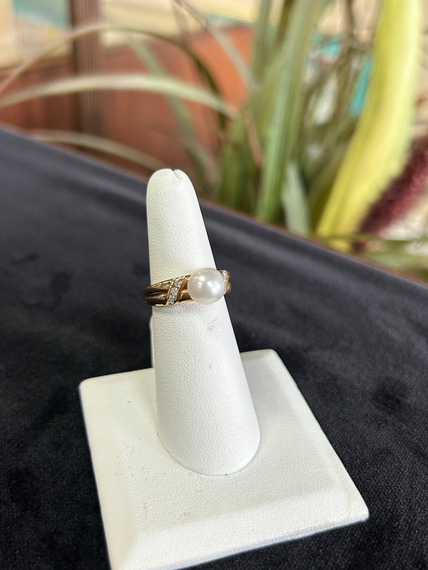 Solitaire Freshwater Pearl and Small Diamond Side Stones Yellow Gold Ring
