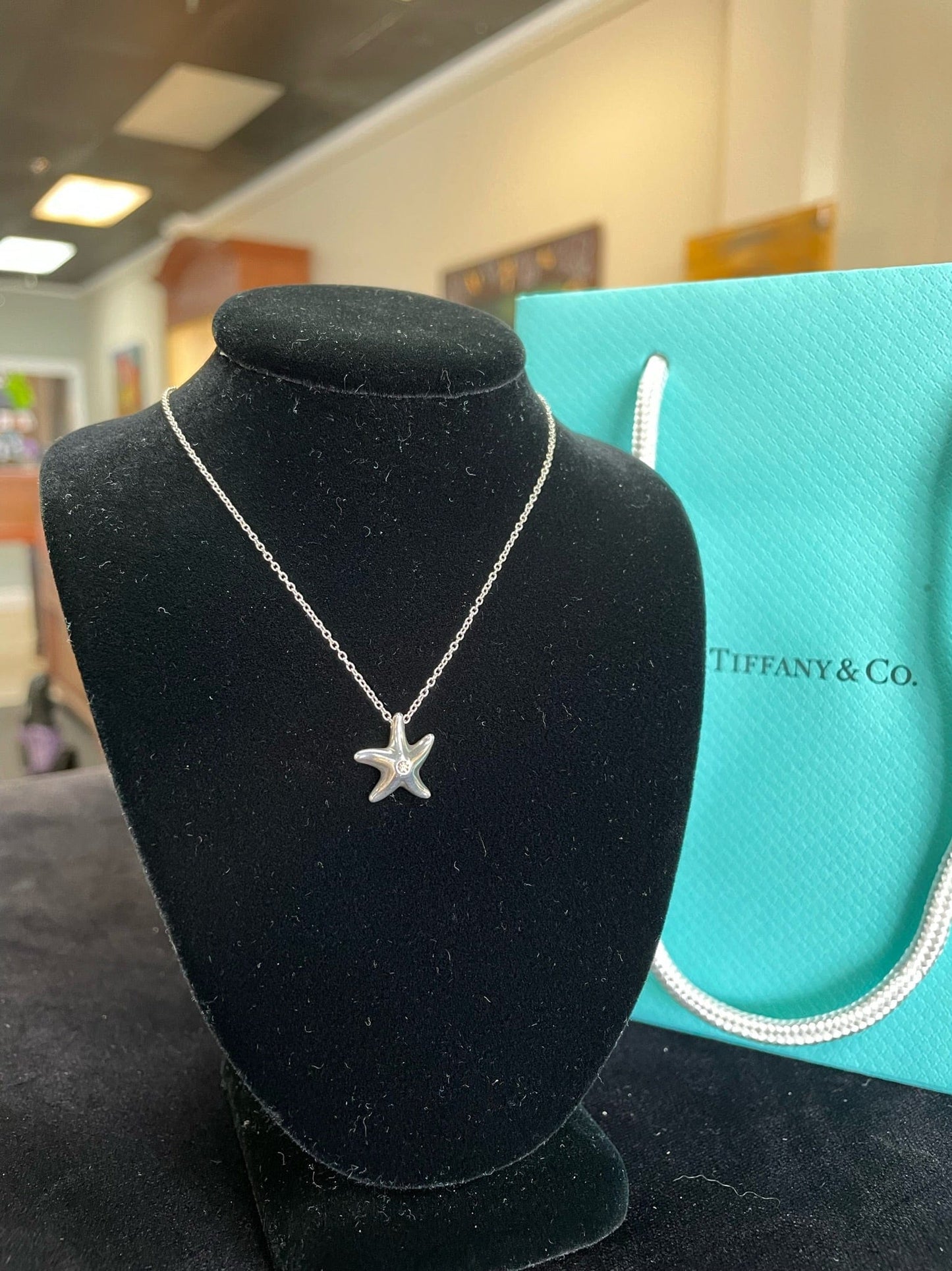 Tiffany and Co. Sterling Silver Elsa Peretti Starfish Necklace with Diamond CHip