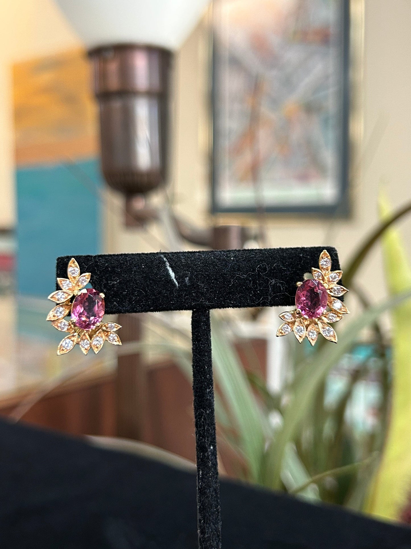 Pink Tourmaline and Diamond Gemstone Earrings Vintage Estate Jewelry