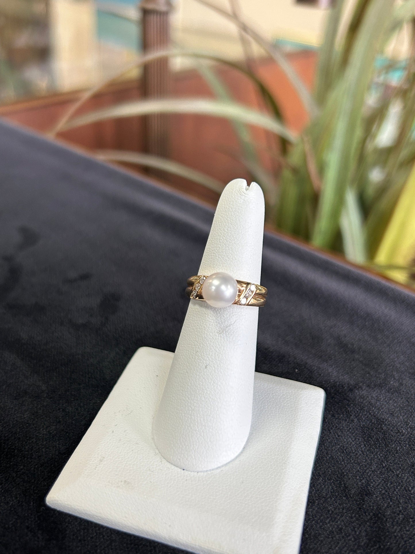 Solitaire Freshwater Pearl and Small Diamond Side Stones Yellow Gold Ring
