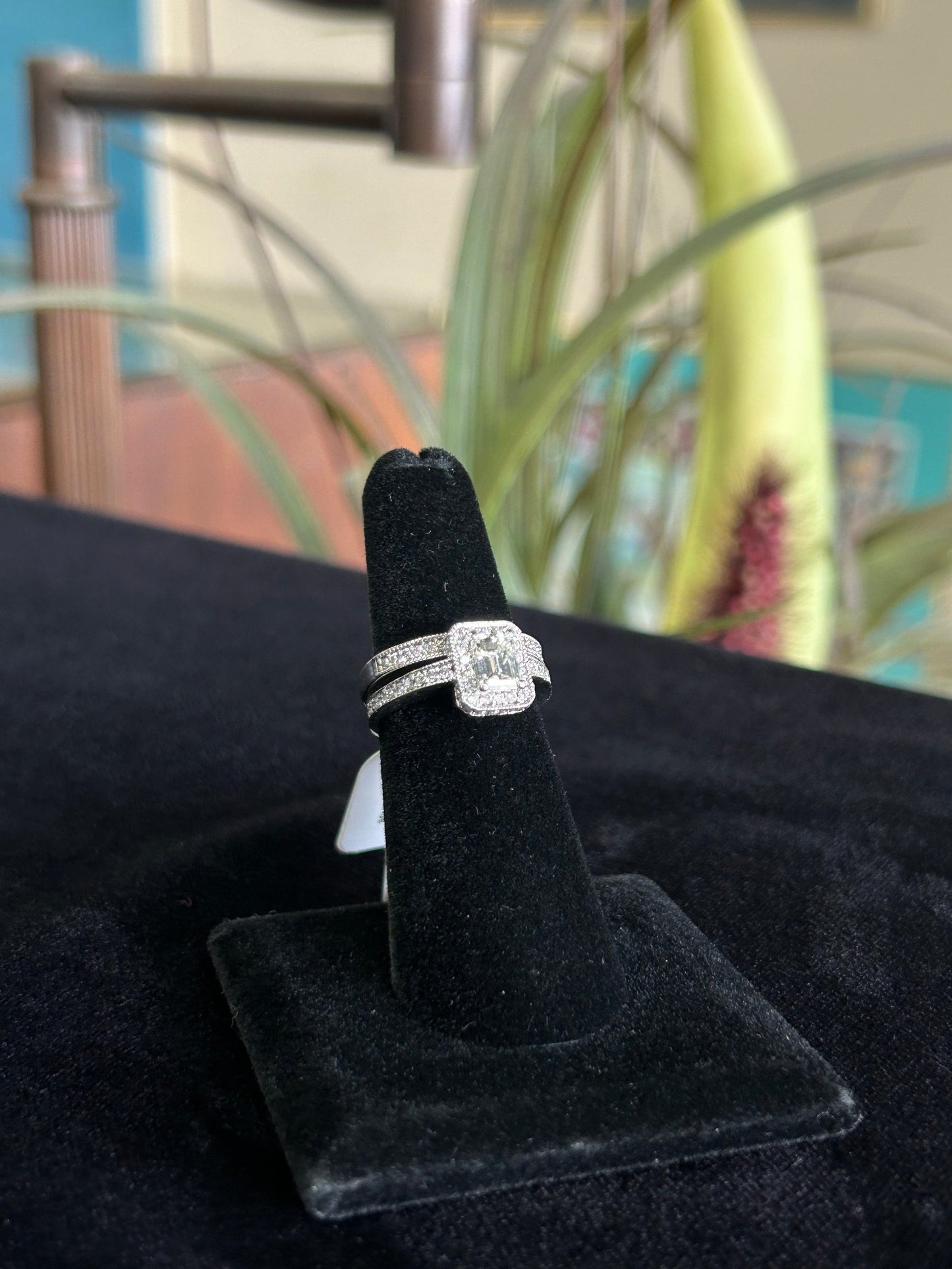 Wedding Band to Emerald Cut Engagement Ring with Pave Set Natural Diamond