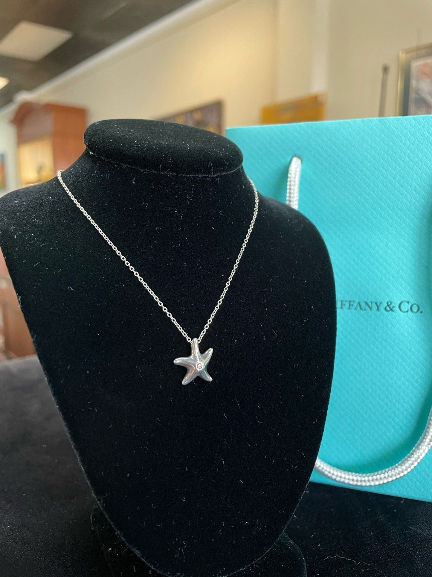 Tiffany and Co. Sterling Silver Elsa Peretti Starfish Necklace with Diamond CHip