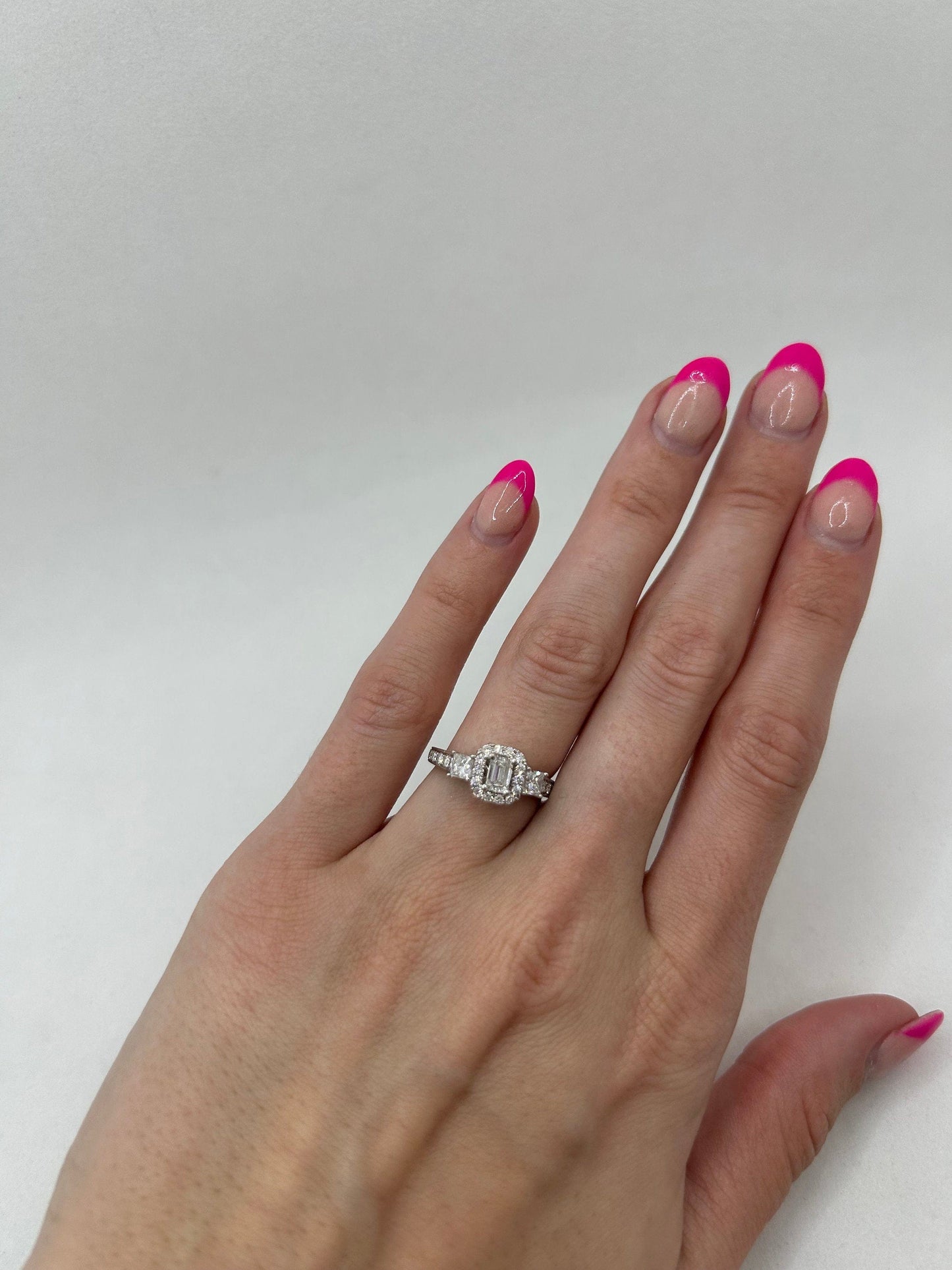 Past Present and Future Three Stone Diamond Engagement Ring Princess and Emerald Cut Halo Setting
