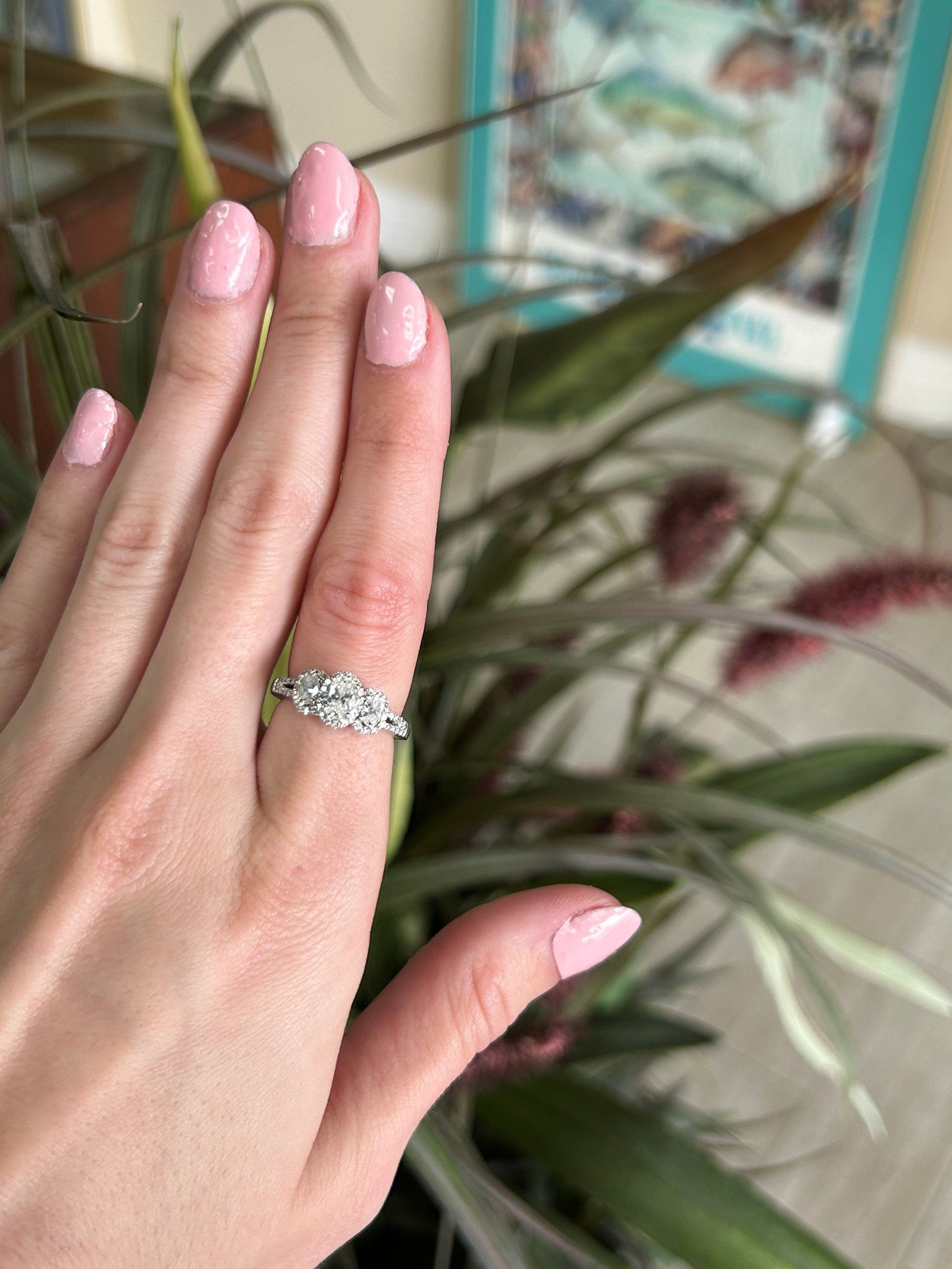 Three Stone Past Present Future Oval Cut White Gold 14kt Engagement Ring