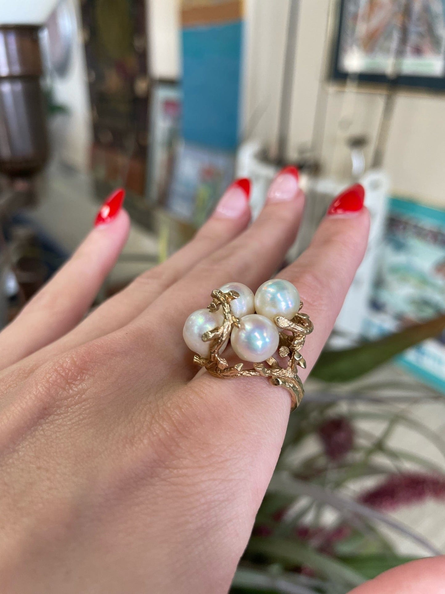 Yellow Gold Pearl Statement Ring Vine Design