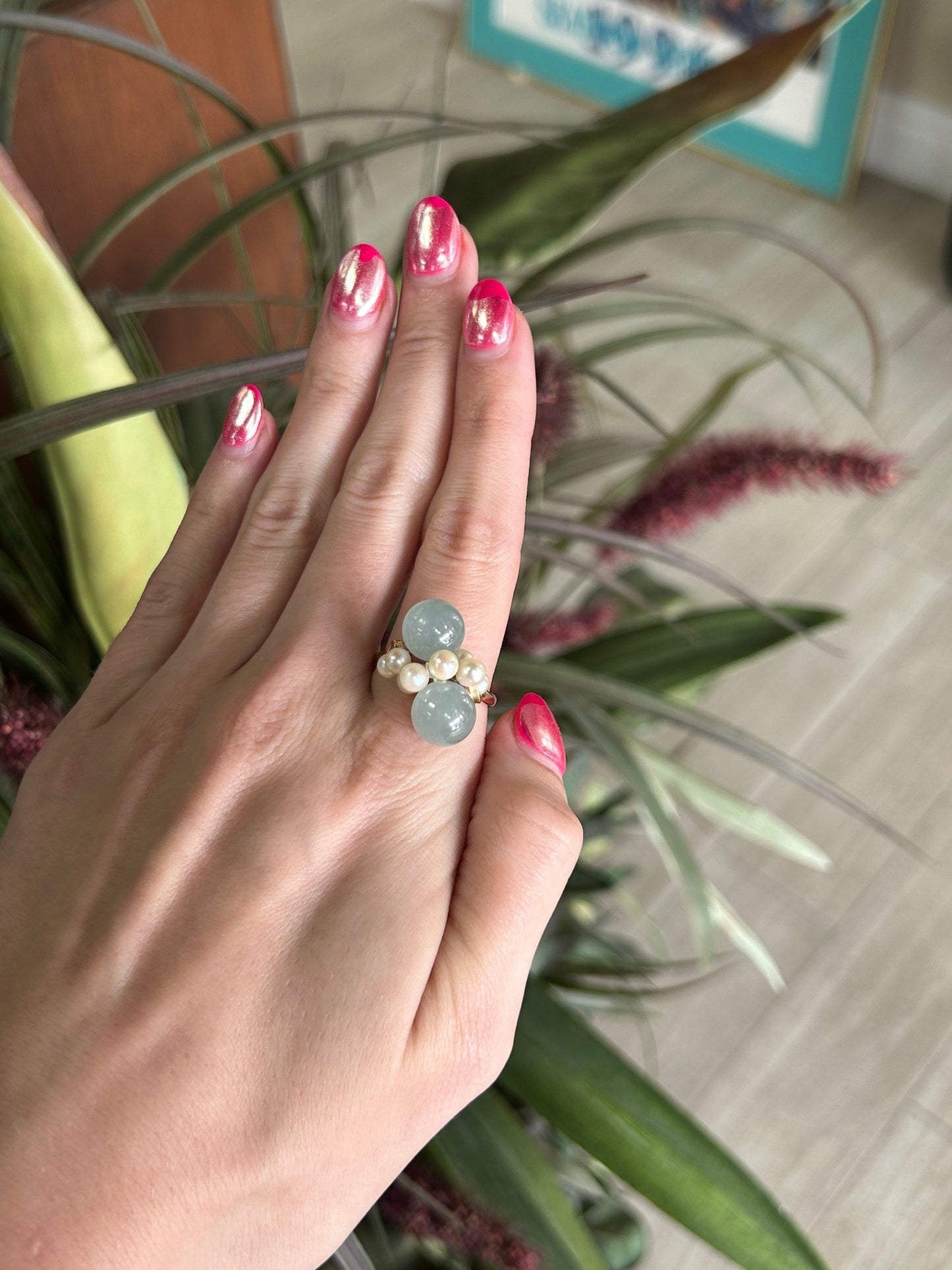 Ming Hawaii Freshwater Cultured Pearl and Jade Yellow Gold Ring
