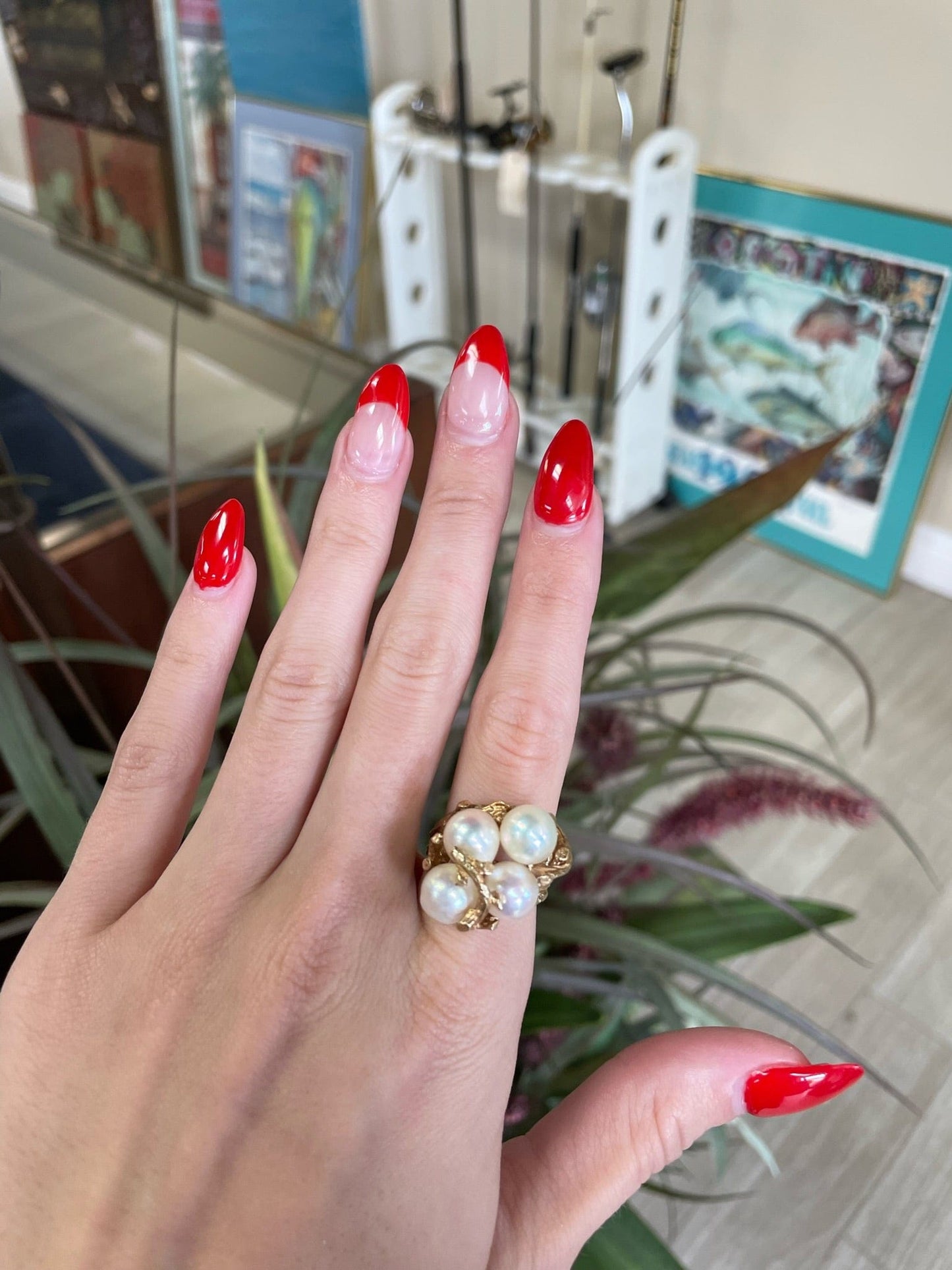 Yellow Gold Pearl Statement Ring Vine Design