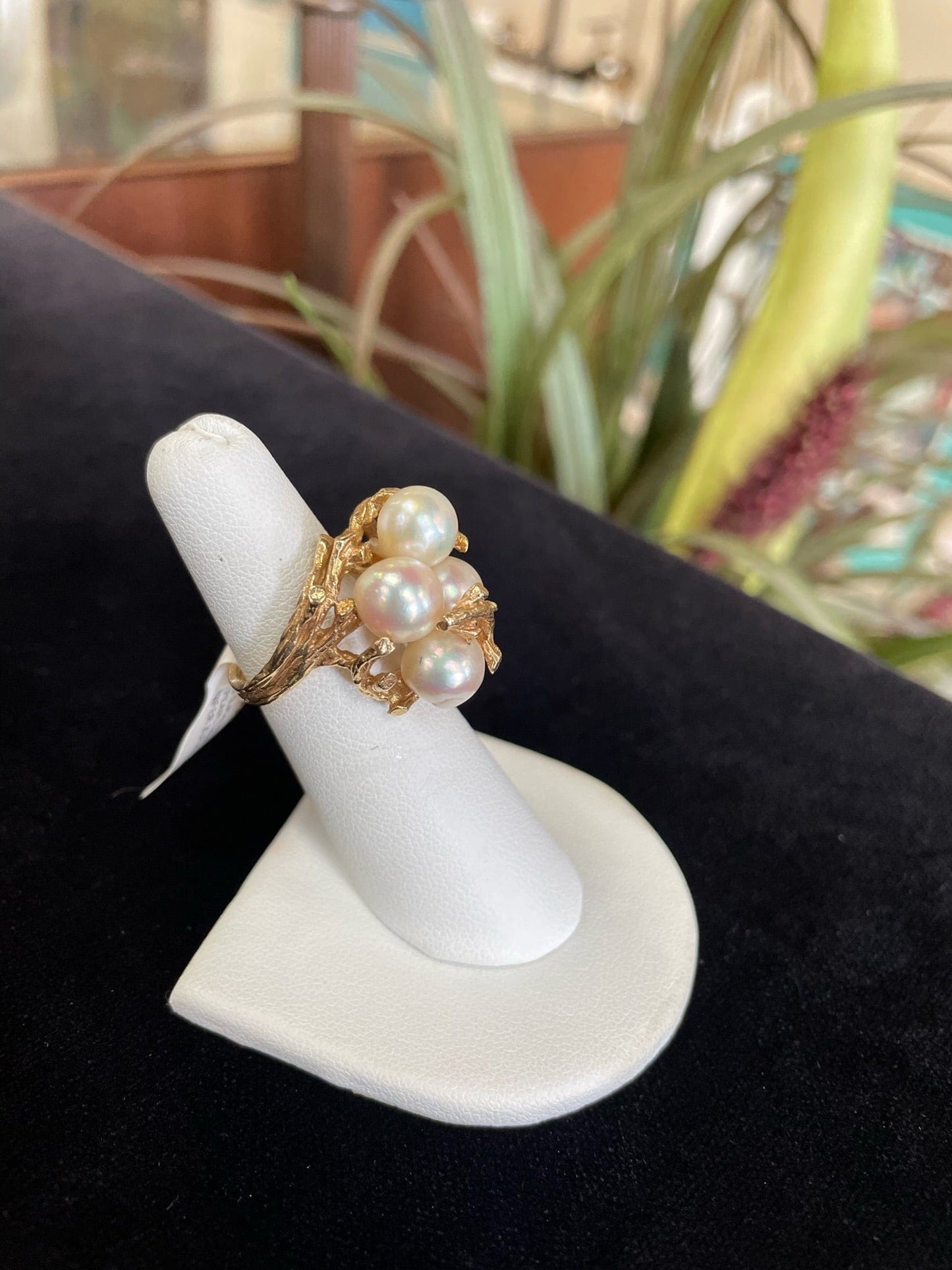 Yellow Gold Pearl Statement Ring Vine Design