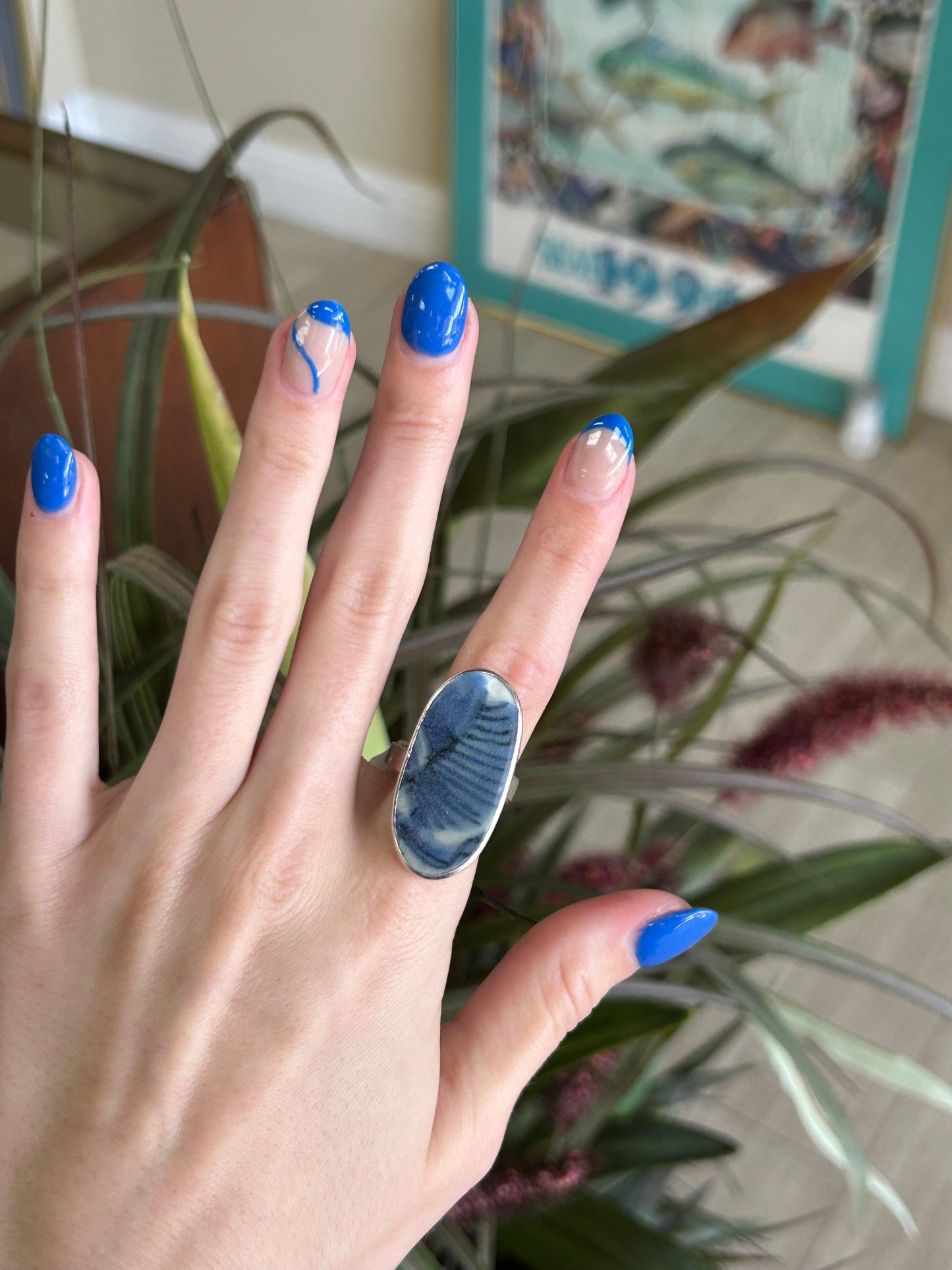 Sterling Silver Statement Ring with Large Blue Gray and Black Stone