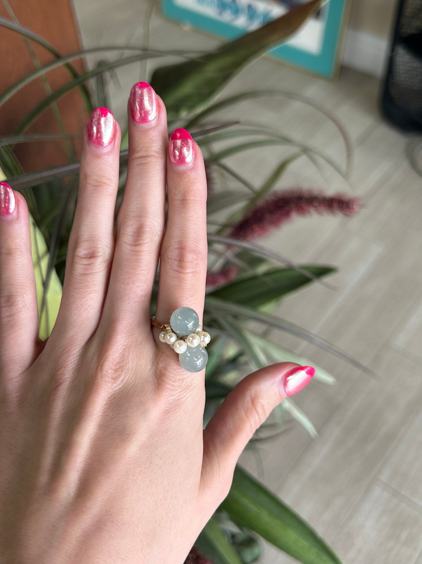 Ming Hawaii Freshwater Cultured Pearl and Jade Yellow Gold Ring