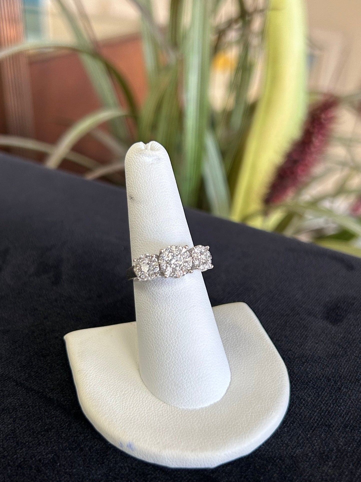 White Gold Three Stone Diamond Ring with Diamond Halo