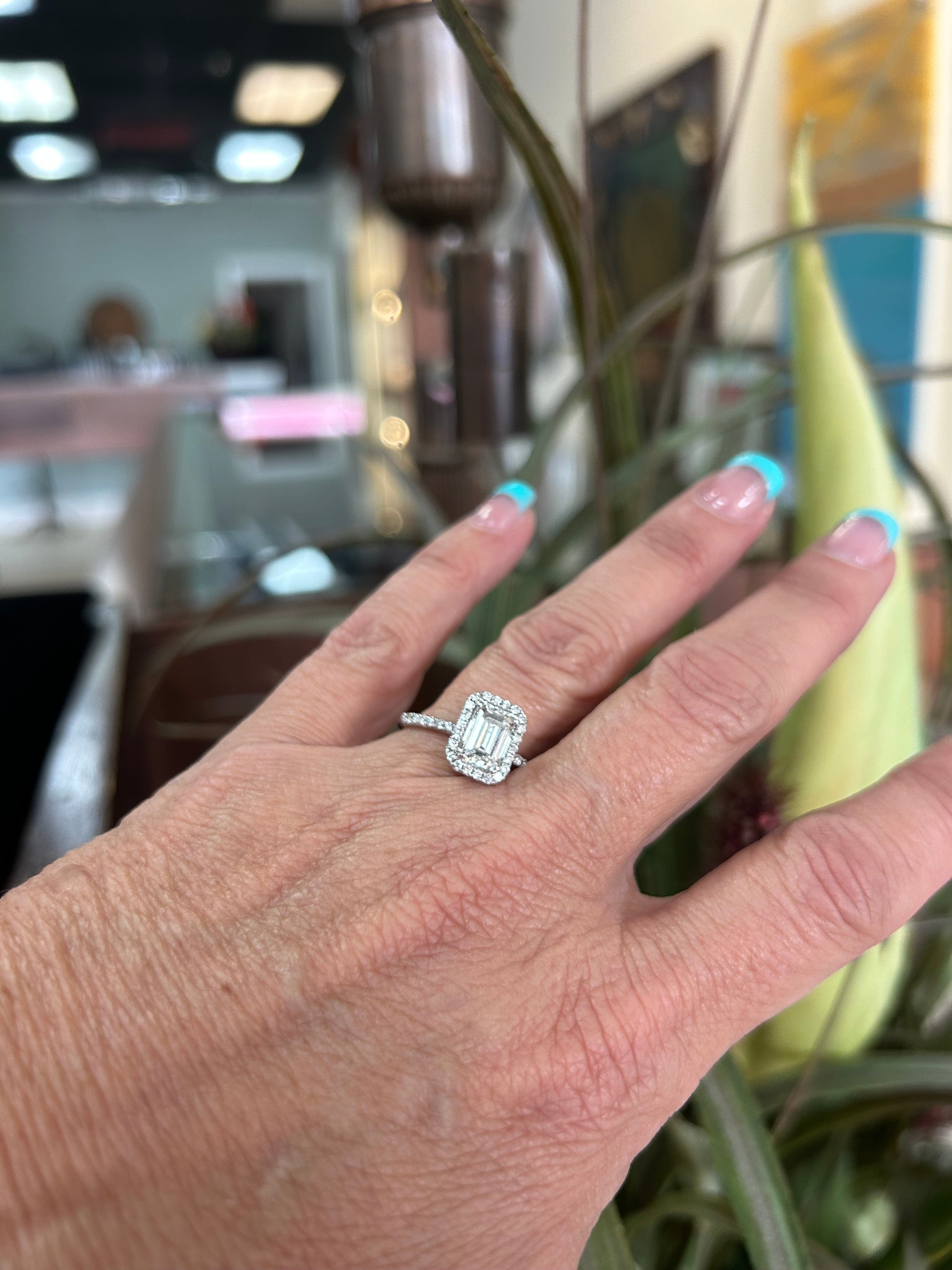 Emerald Cut with Diamond Halo White Gold Engagement Ring 1.91CTW