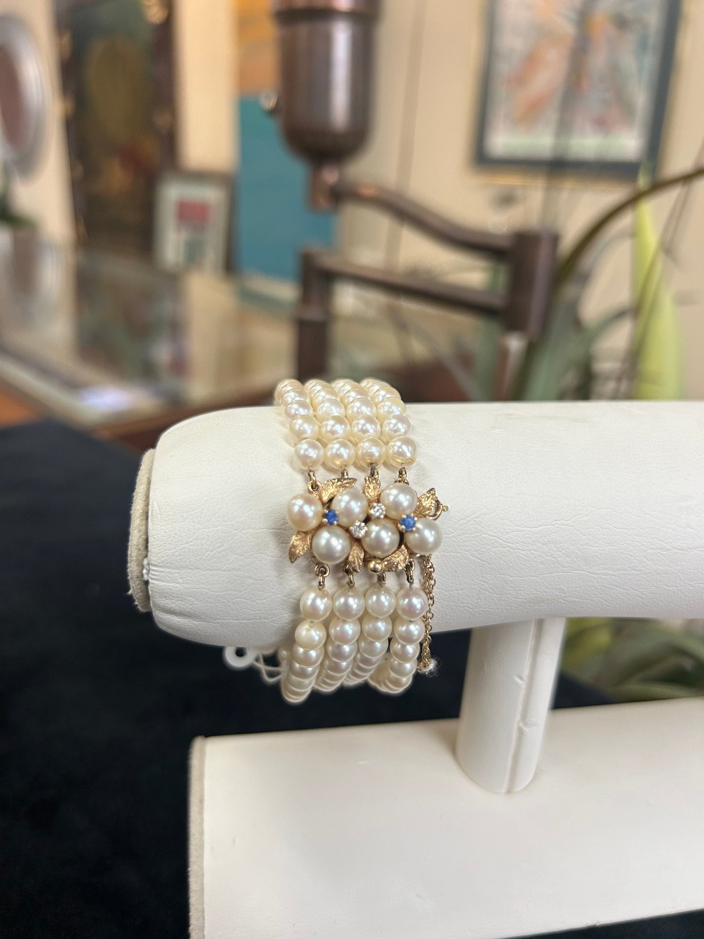 Four Strand Pearl Bracelet with Sapphires and Diamonds